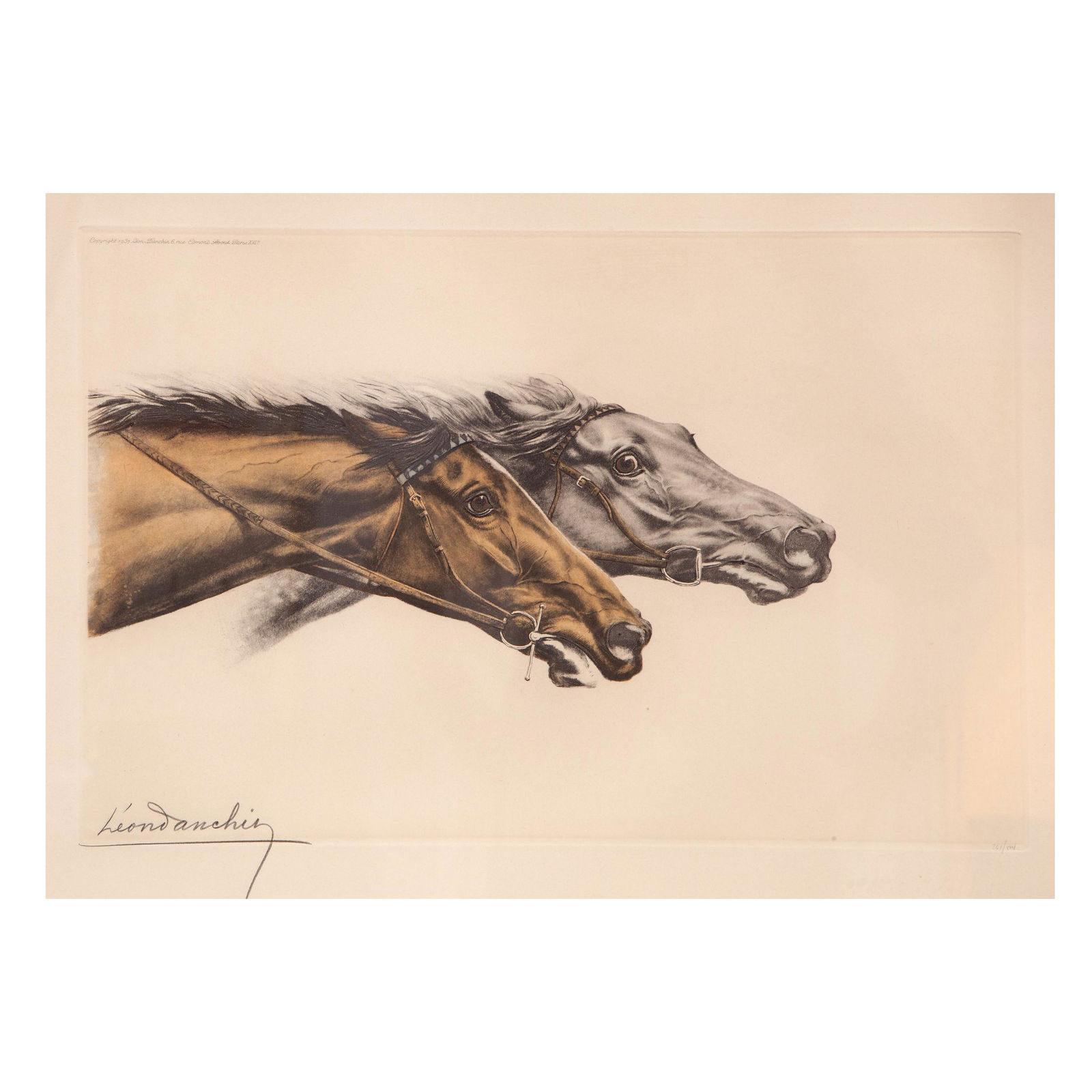 Leon Danchin, Tetes de Chevaux (Horse Heads): Leon Danchin (French, 1887-1938). Tetes de Chevaux (Horse Heads). Color lithograph. Signed lower left in pencil and numbered indistinctly '261/...' lower right. Measures 11.5 in. high x 18 in. wide (w