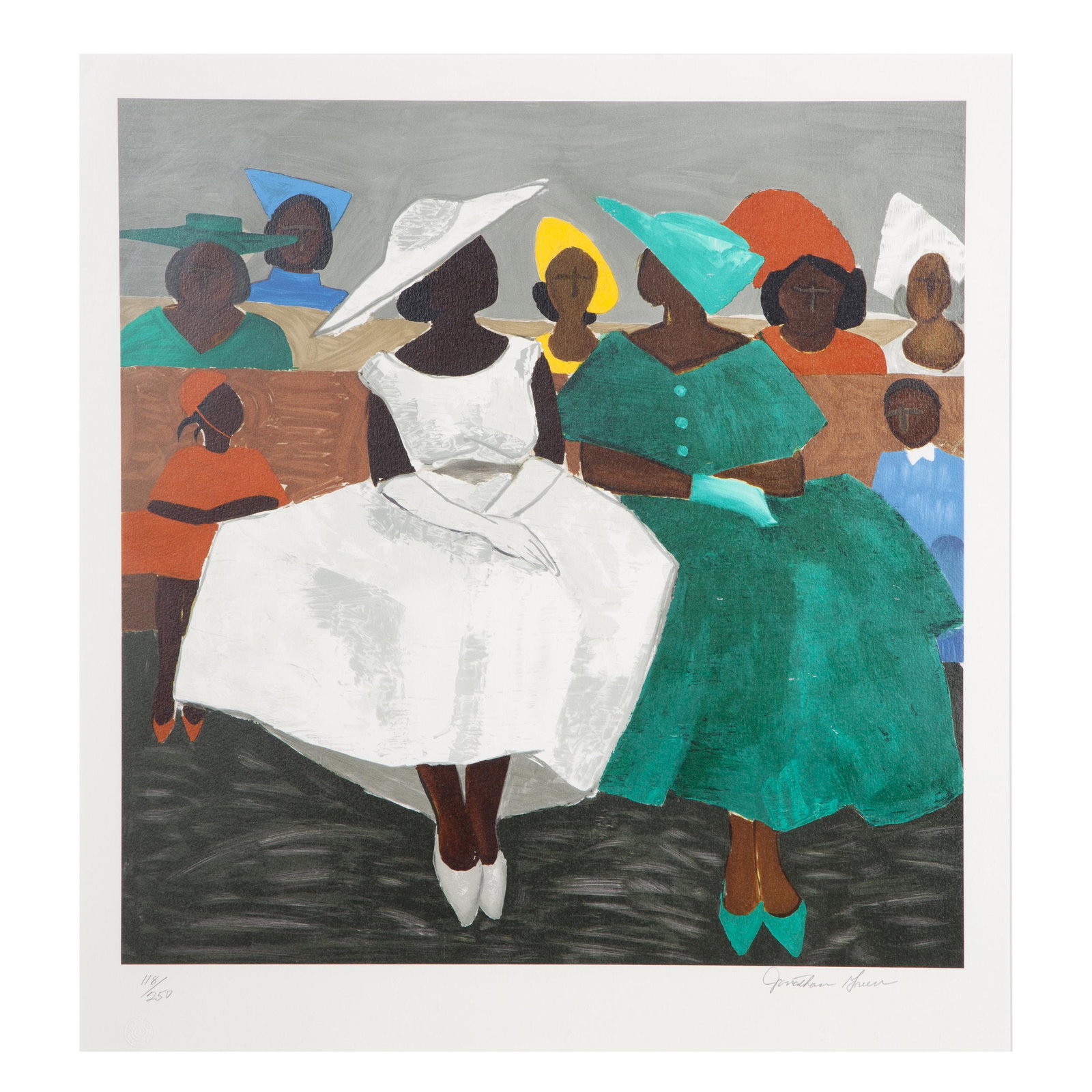 Jonathan Green, First Sunday: Jonathan Green (American, b. 1955). First Sunday. Color lithograph. Edition 118 of 250. Signed lower right in pencil and numbered lower left. Measures 18.75 in. high x 18.5 in. wide (with frame 38.25 