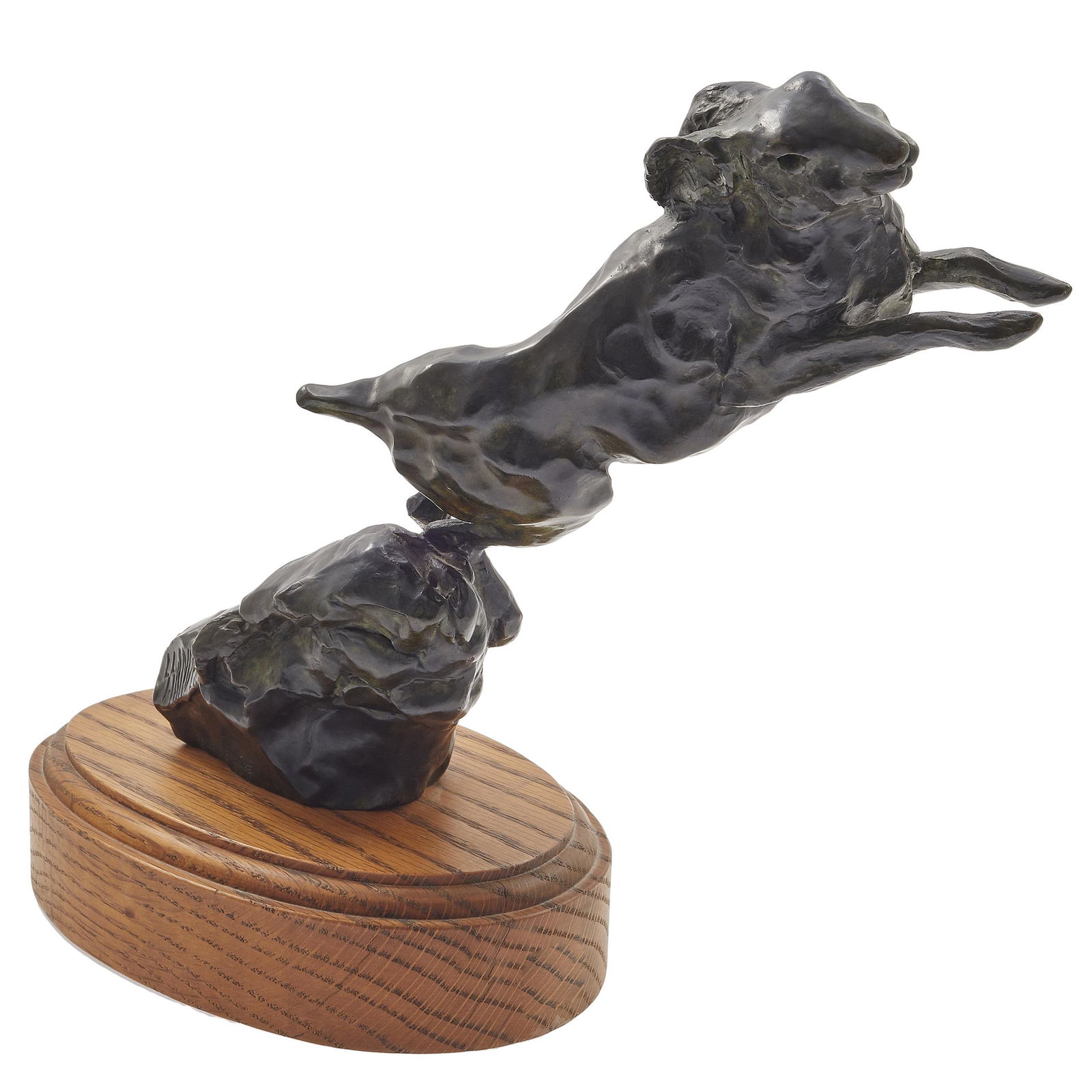 Sherry Salari Sander, Leaping Hare: Sherry Salari Sander (American, b. 1941). Leaping Hare. Bronze on a wooden base. Edition 9 of 25. Inscribed 'S. Sander 79 9/25' near the base and stamped 'Powell Bronze' near the base. Height measure