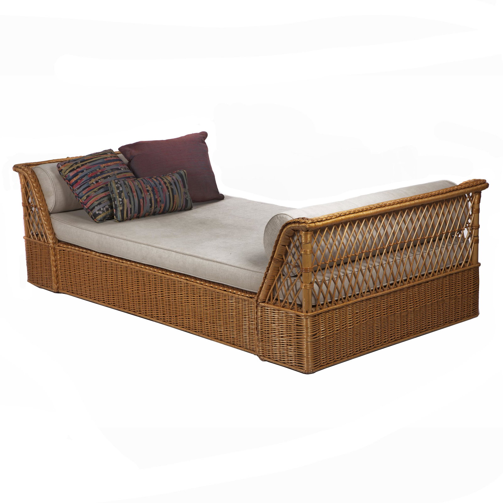 McGuire Daybed: The rectangular seat surmounted by winged arms. 26in. (66cm) h. 42in. (107cm) w. 86in. (218cm) l. Provenance: From the estate of Janet L. McCracken of Sausalito, California #Furniture #C