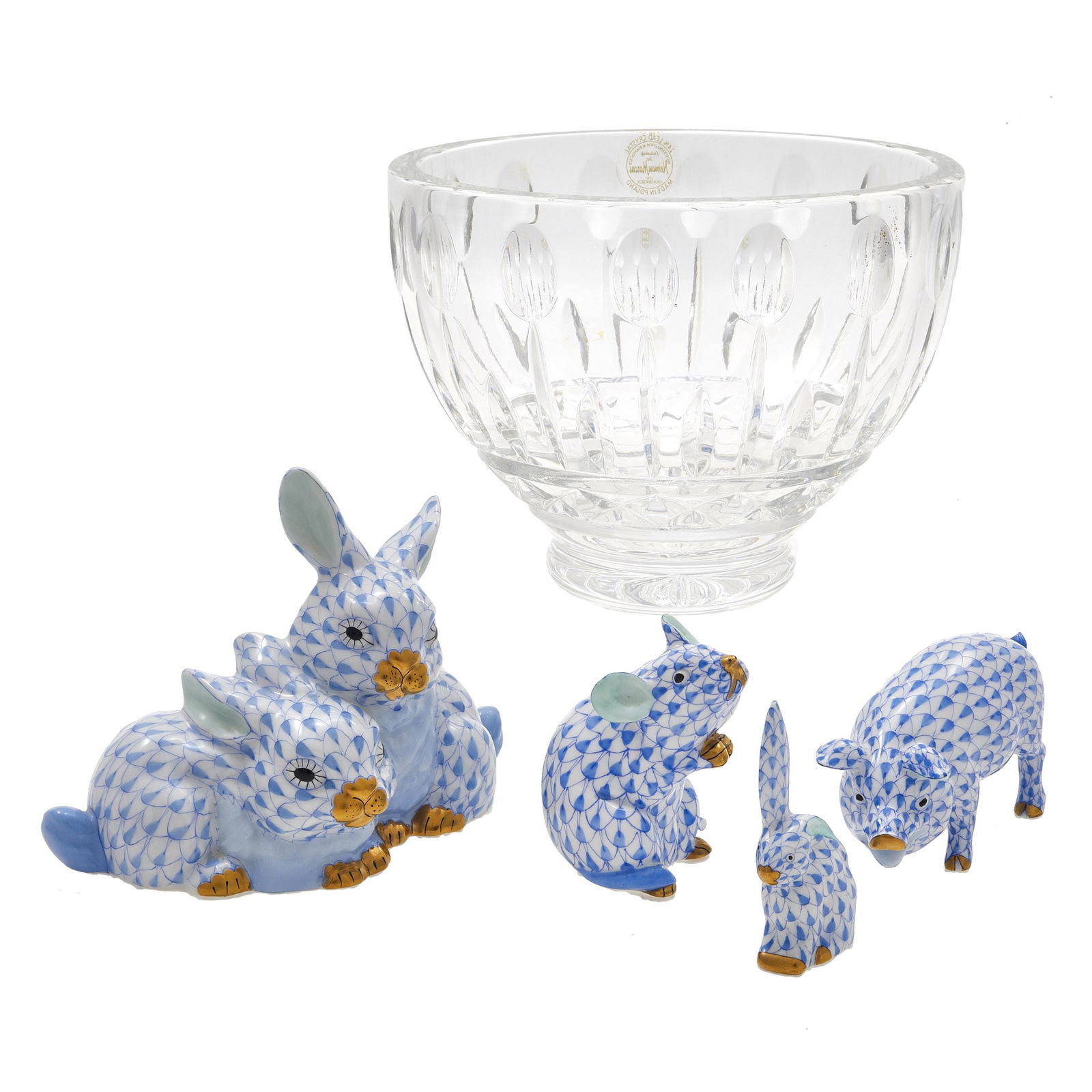 Four Herend Animal Figures and a Godinger Crystal Bowl (1 of 3)