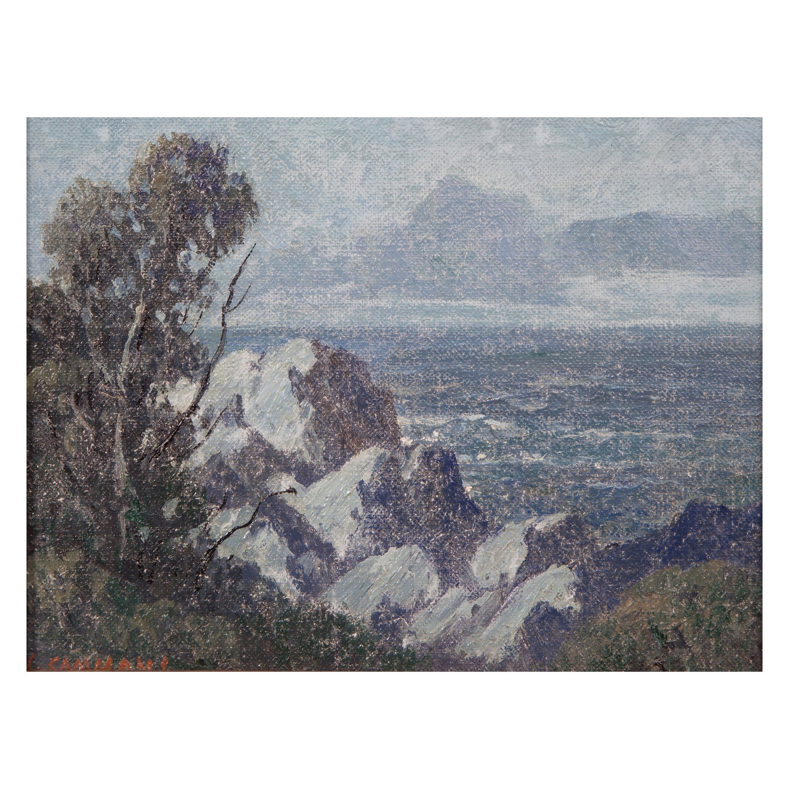Carl Sammons, Carmel by the Sea: Carl Sammons (American, 1883-1968). Carmel by the Sea. Oil on canvasboard. Signed 'C. Sammons' lower left and titled on the reverse. Measures 6 in. high x 8 in. wide (with frame 9 in. high x 11 in. wi