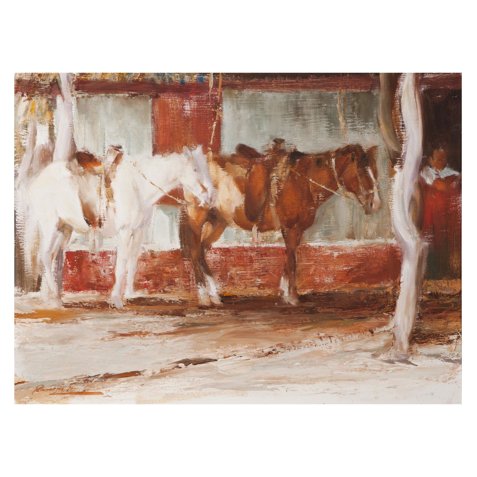 Ramon Kelly, Dos Caballos: Ramon Kelly (American, b. 1939). Dos Caballos (Two Horses). Oil on masonite. Signed lower left. Measures 18 in. high x 24 in. wide (with frame 27 in. high x 33 in. wide). Condition: In excellent condi
