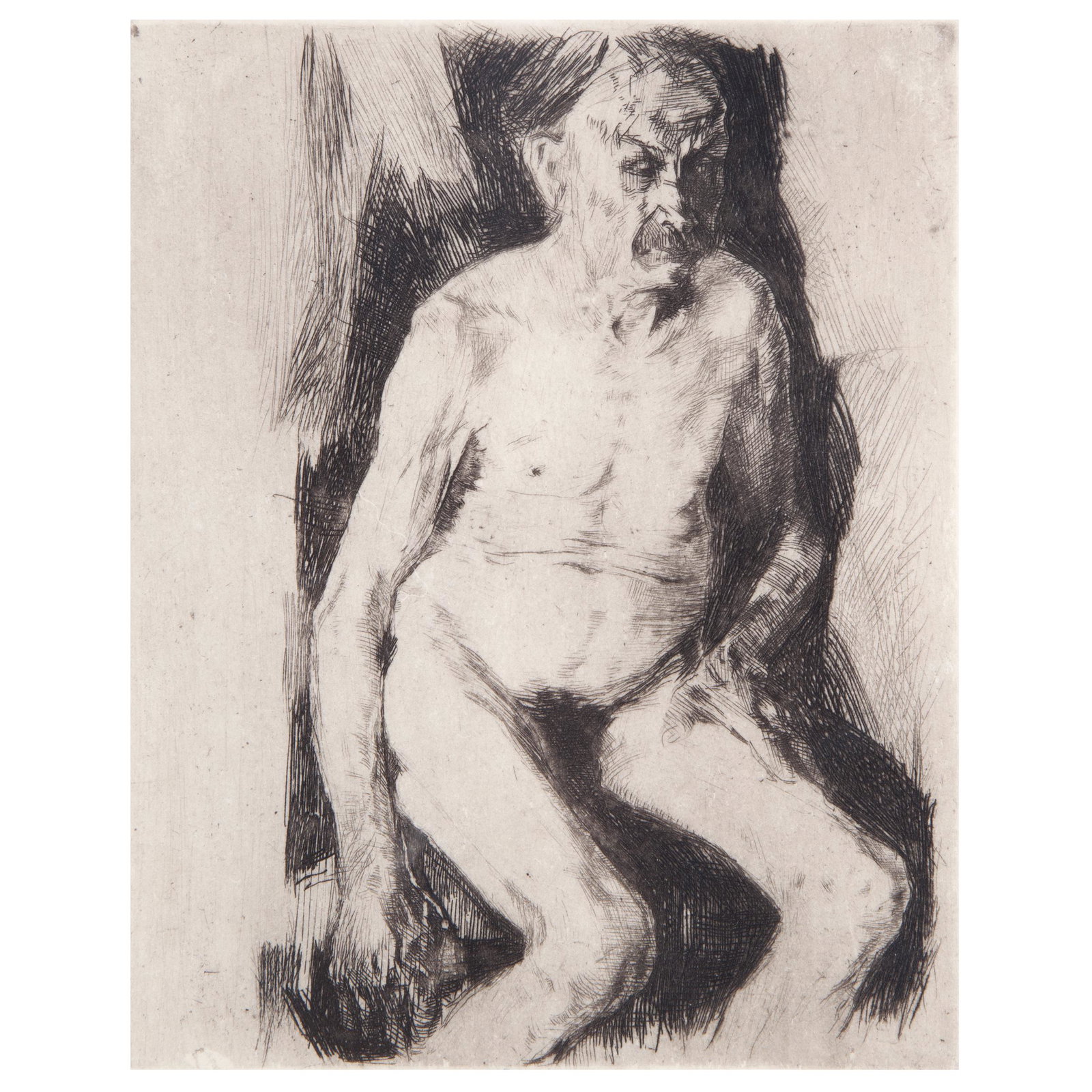 Käthe Schmidt Kollwitz, Seated Male Nude: Käthe Schmidt Kollwitz (German, 1867 - 1945). Seated Male Nude (Sitzender männlicher Akt), 1891 (date of plate). Etching and drypoint. Published by Alexander von der Becke, two-line Munich blind sta