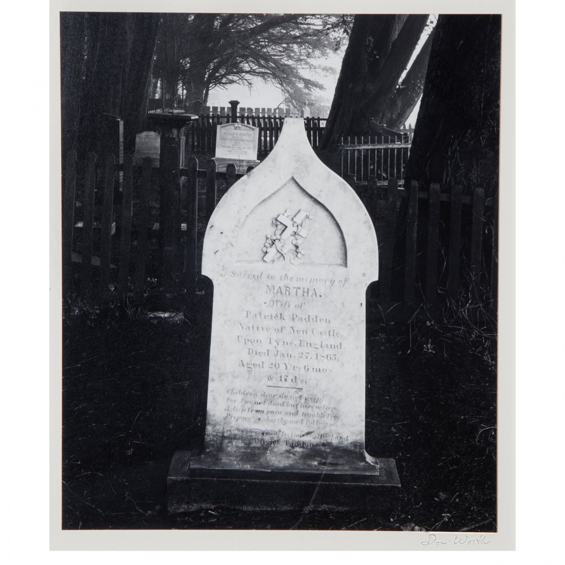 Don Worth, Gravestone, Mendocino: Don Worth (American, 1924-2009). Gravestone, Mendocino. Silver gelatin print. Signed in pencil on mount lower right. Measures 8.25 in. high x 7 in. wide (with frame 16.25 in. high x 12.75 in. wide). C
