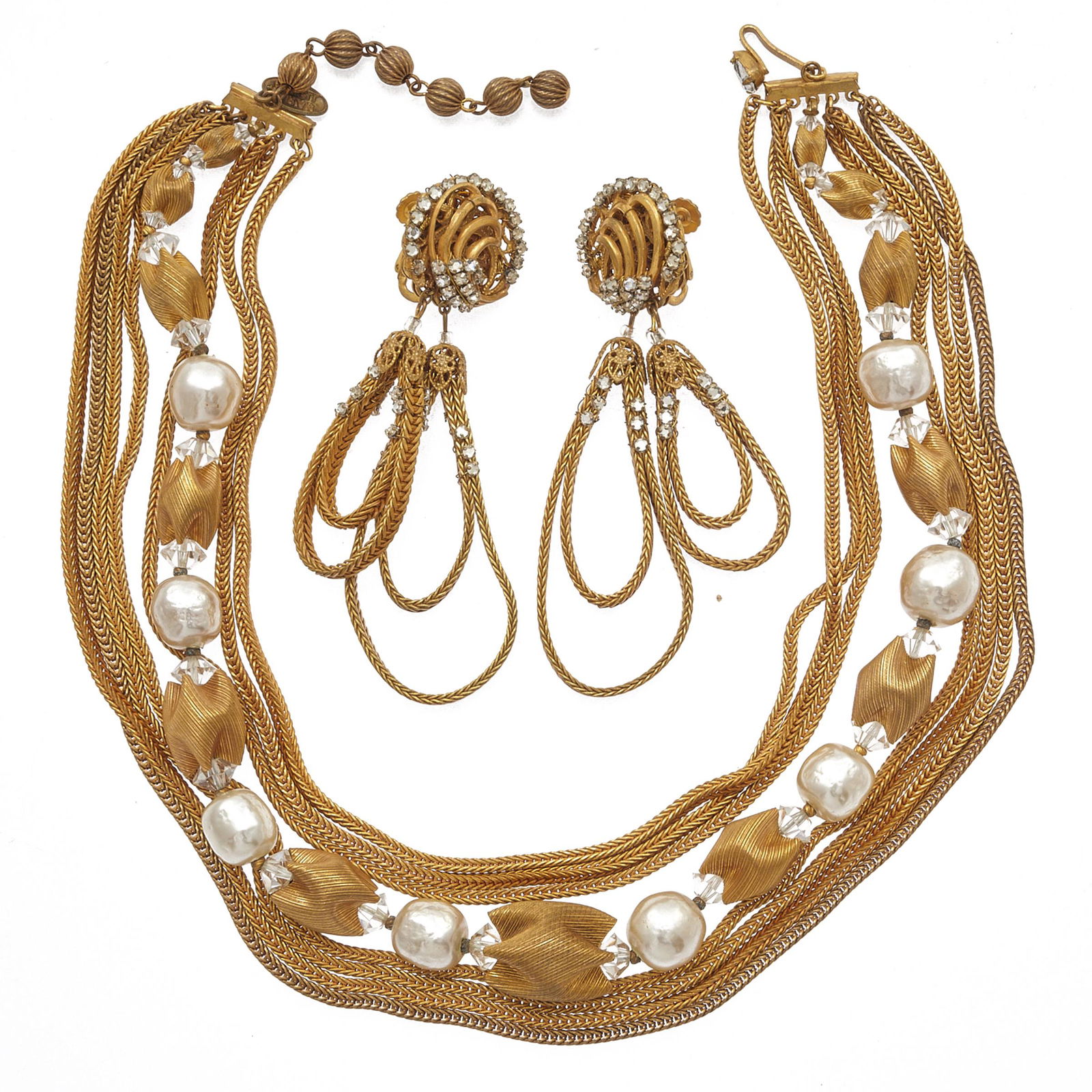 Miriam Haskell Faux Pearl Necklace and Pair of Ear: Featuring numerous faux pearls and crystals accenting gold-tone foxtail chain forming a six strand necklace, 16 inches with a 2 1/2 inch chain extender, together with a pair of ear clips, each featuri