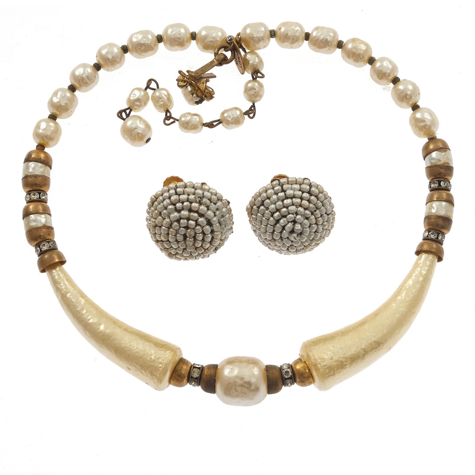 Miriam Haskell Faux Pearl Collar and Ear Clips: Including one faux glass pearl, rhinestone, gold-tone collar necklace together with a pair of round, beaded ear clips. All signed Miriam Haskell. #costumejewlery A portion of the proceeds to benefit t