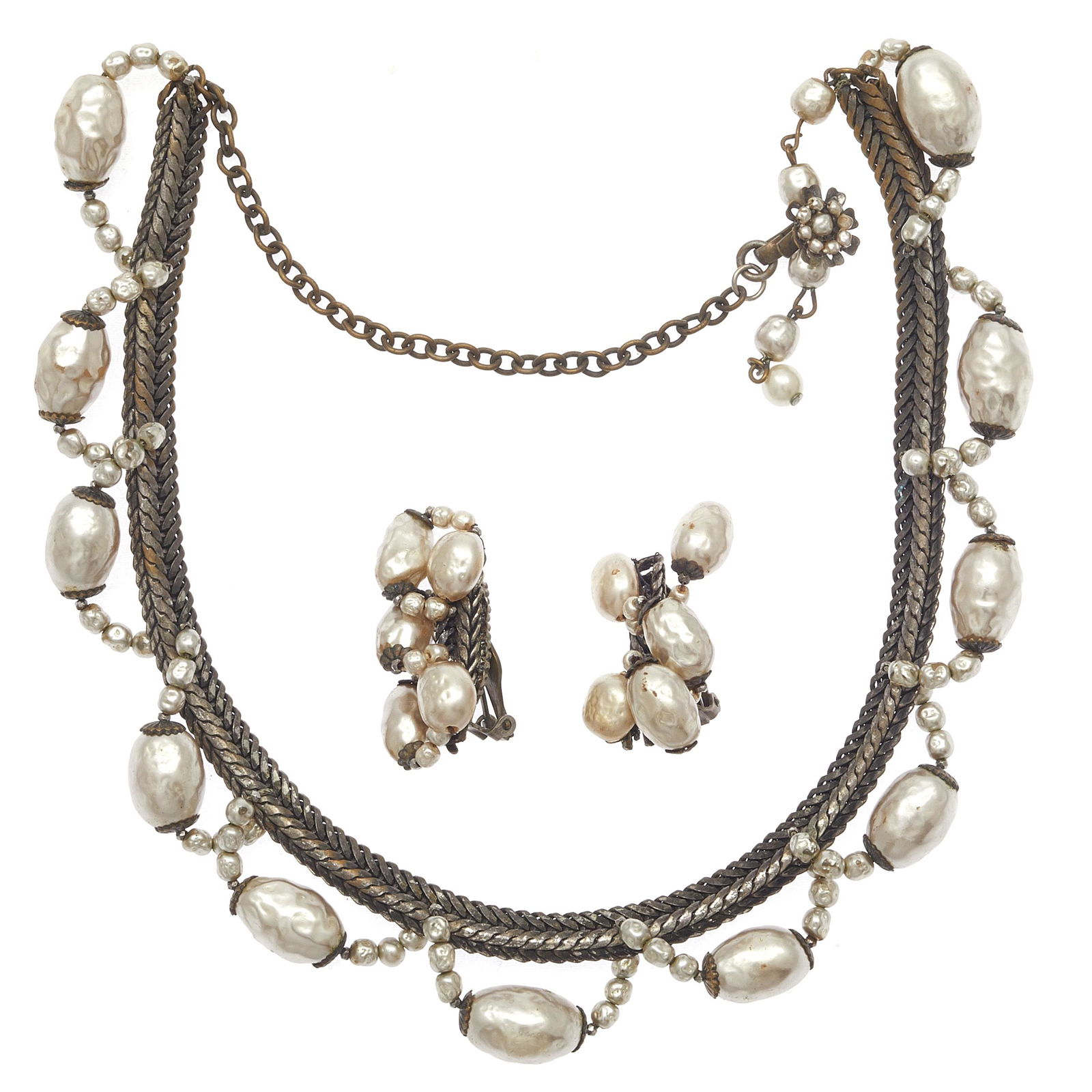 Miriam Haskell Faux Pearl Jewelry Suite: Including one silver-tone necklace festooned with faux baroque pearls, 17 inches with extender, together with a pair of matching ear clips. All signed. #costumejewlery A portion of the proceeds to ben