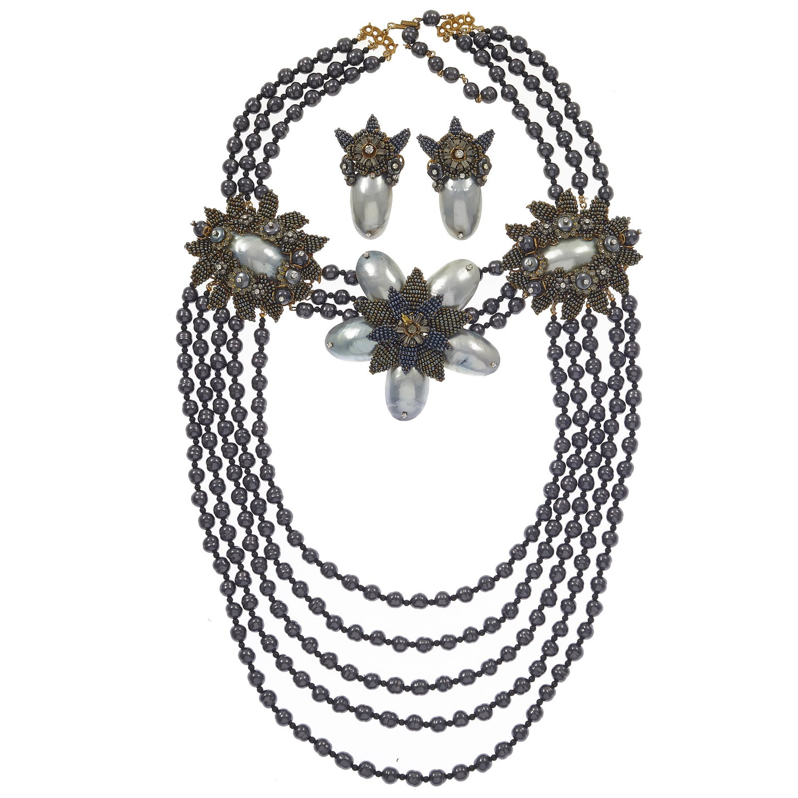 Stanley Hagler Faux Pearl Jewelry Suite: Designed as three flowers composed of clusters of micro-beading and rhinestones on faux pearls joined to a four strand swag of faux pearls, completed by a hook and eye clasp; together with a pair of m