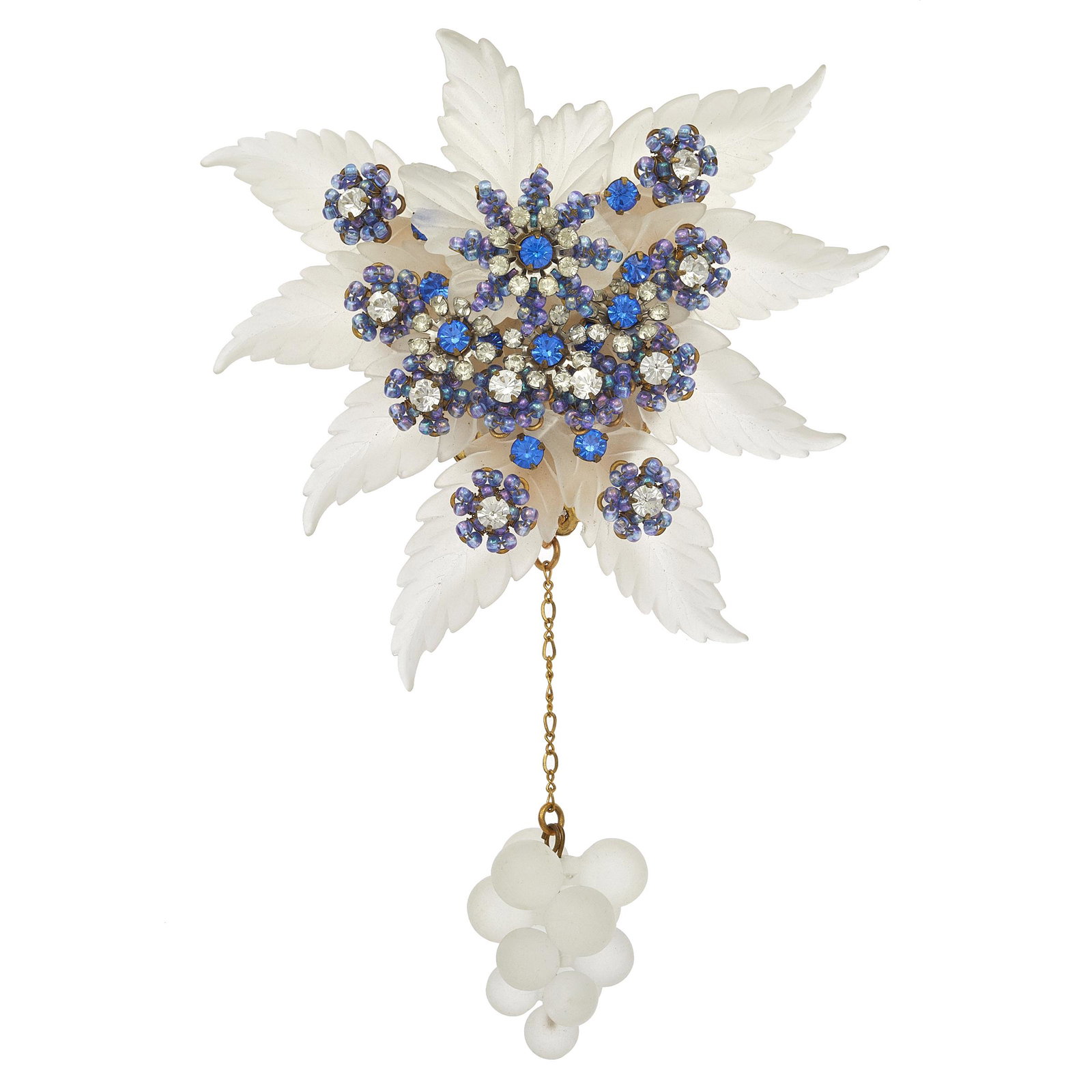 Stanley Hagler Rhinestone Brooch: Featuring blue and colorless rhinestones accented with microbeading on a spray of leaves with drop, measuring approximately 127.00 x 80.9 mm. Stamped Stanley Hagler, N.Y.C. #costumejewlery A portion o