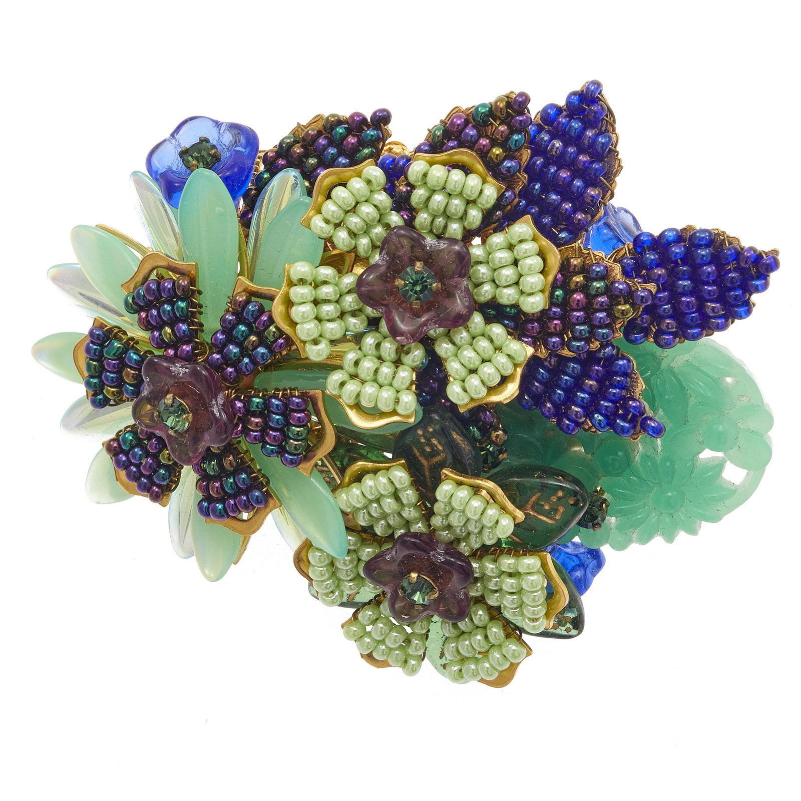 Stanley Hagler Flower Brooch: Designed as a bouquet of flowers, featuring green and blue micro-beading set in a gold-tone pin mounting measuring approximately 70.0 x 58.5 mm. Signed "Stanley Hagler, N.Y.C." and "Ian St. Gielar." #