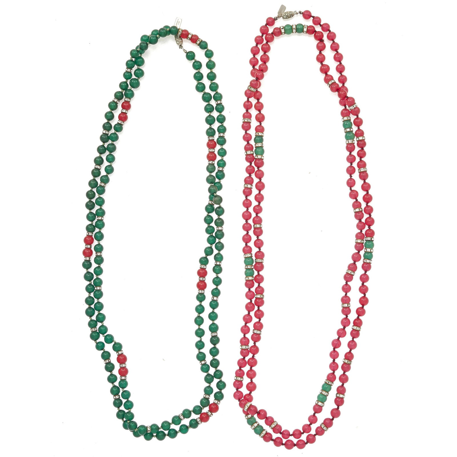 Two Kenneth Jay Lane Glass, Rhinestone Necklaces: Composed of two necklaces, one featuring faux ruby beads highlighted by faux emerald beads and rhinestone stations, together with one featuring faux emerald beads highlighted by faux ruby beads and rh