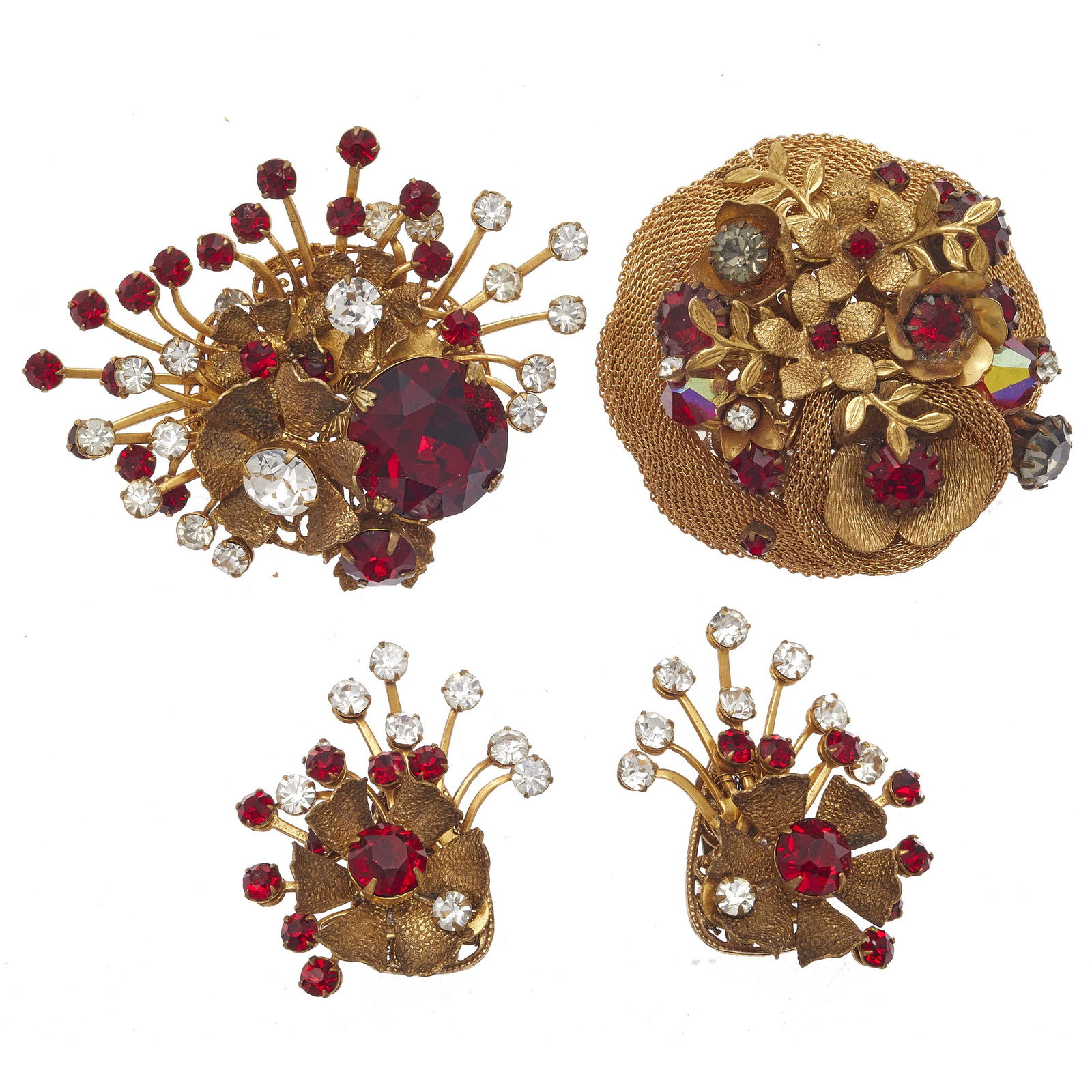 Collection of Vintage Miriam Haskell Jewelry: Including one brooch accented with red and colorless rhinestones; a pair of ear clips, each designed as a flower accented with red and colorless rhinestones; together with an unsigned brooch featuring