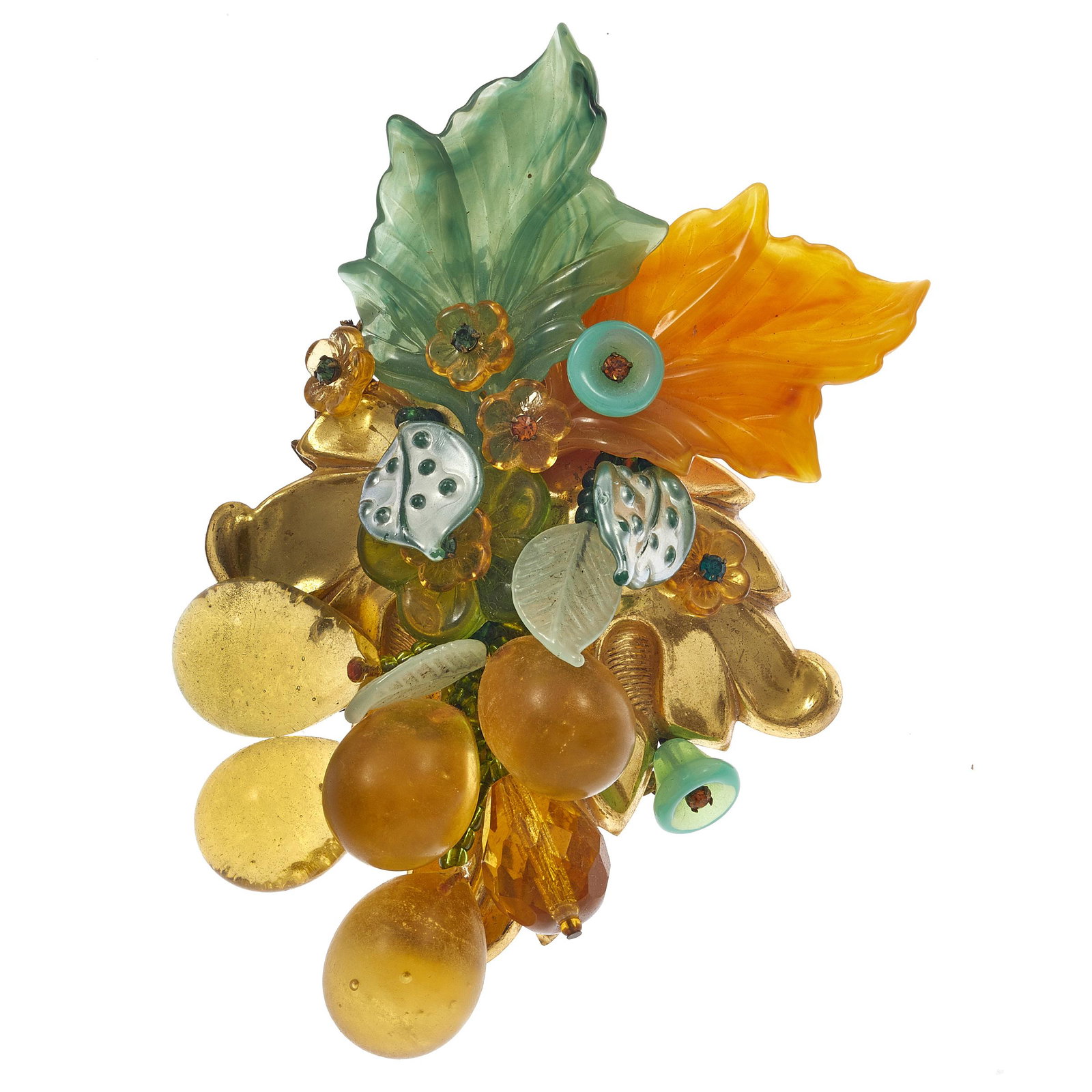Stanley Hagler Grapes Brooch: Designed as a bunch of grapes with gold-tone background, measuring approximately 40.2 x 24.9 mm. Stamped Stanley Hagler, N.Y.C. #costumejewlery A portion of the proceeds to benefit the SF-Marin Food B
