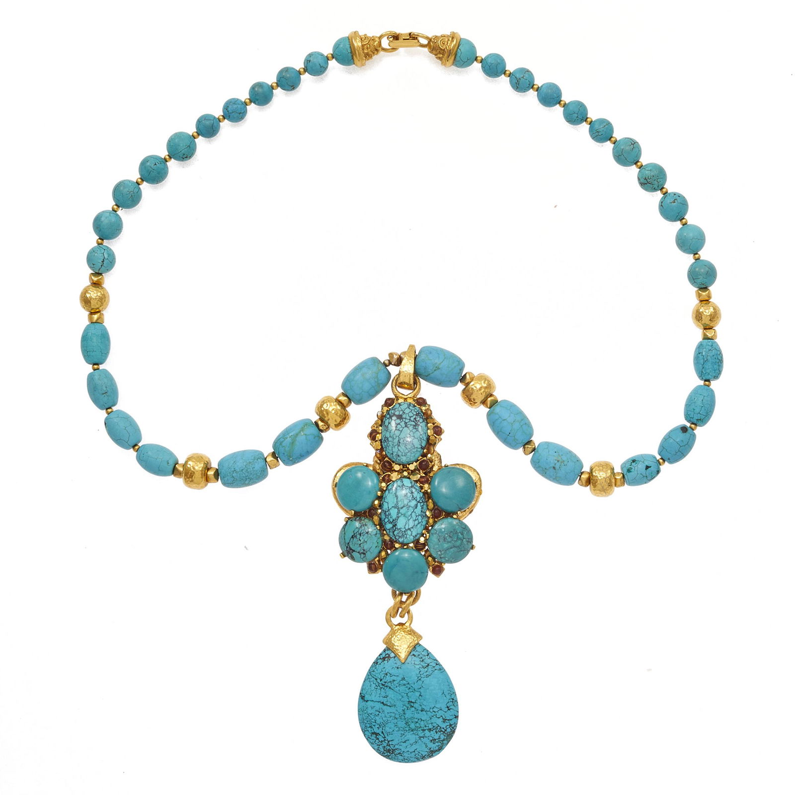 Jose & Maria Barrera Turquoise Necklace: Composed of round, barrel and oval-shape stabilized turquoise beads and cabochons, accented by glass beads and Austrian crystal, set in a 24k gold-plated yellow gold completed by a fold-over clasp for