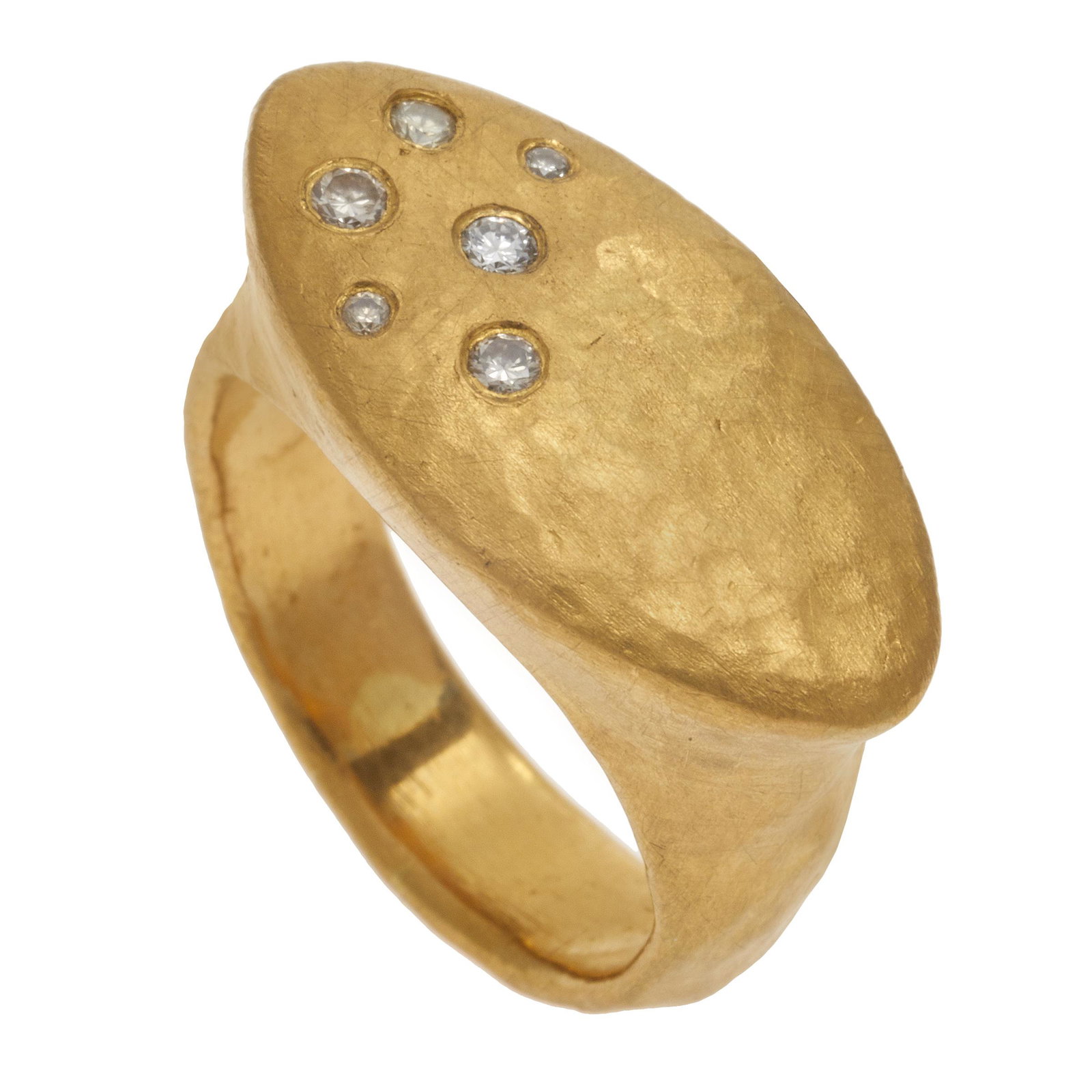 Yosi Harari Diamond, 22k Yellow Gold Ring: Featuring six full-cut diamonds weighing a total of approximately 0.15 cttw., set in a hammered, 22k yellow gold ring mounting, size 8 1/2. Signed Yosi. Gross weight: 14.2 grams. #finejewelry