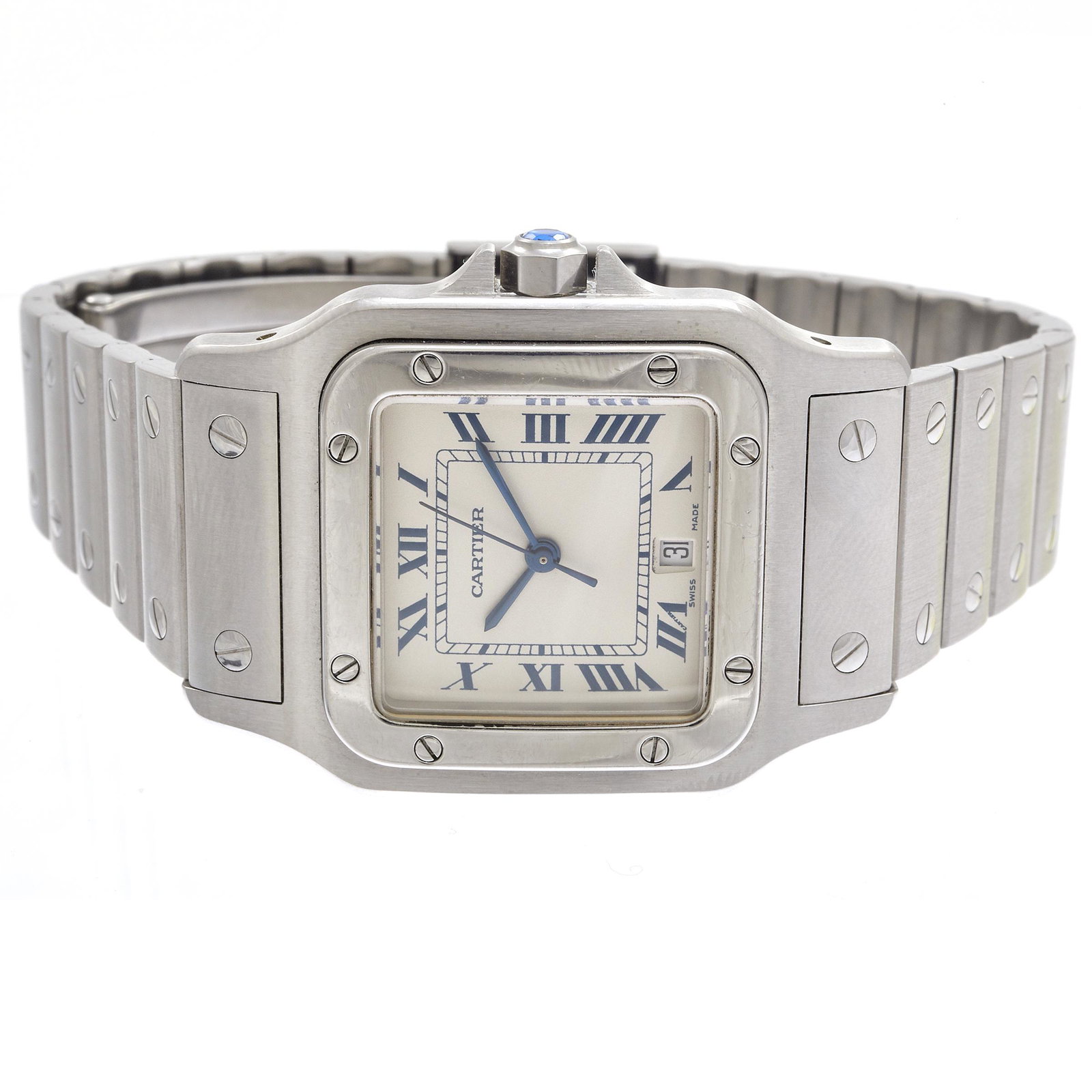Cartier Santos Stainless Steel Wristwatch: DIAL: Square, cream, black Roman numeral hour markers, black minutes track, blued baton hands, blued center seconds sweep, date aperture at 6 o'clock, Cartier, Swiss Made. MOVEMENT: Quartz (case not o