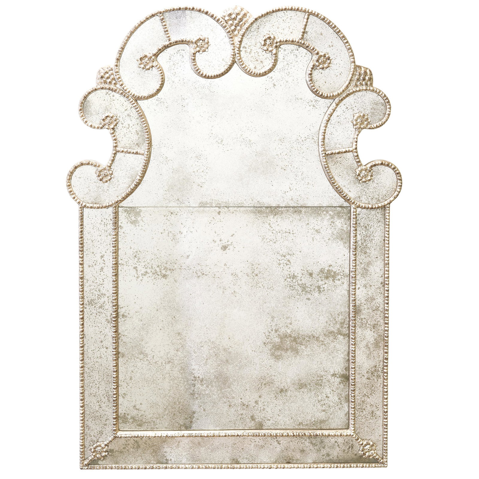 Venetian Style Rococo Mirror: The exuberant crest of mirrored adorsed scrolls above a bead banded plate with antiqued silvering. 48in. (122cm) h. 34in. (86cm) w. The model 'Luce' from Rossi Lx antiques, restoration and custom furn