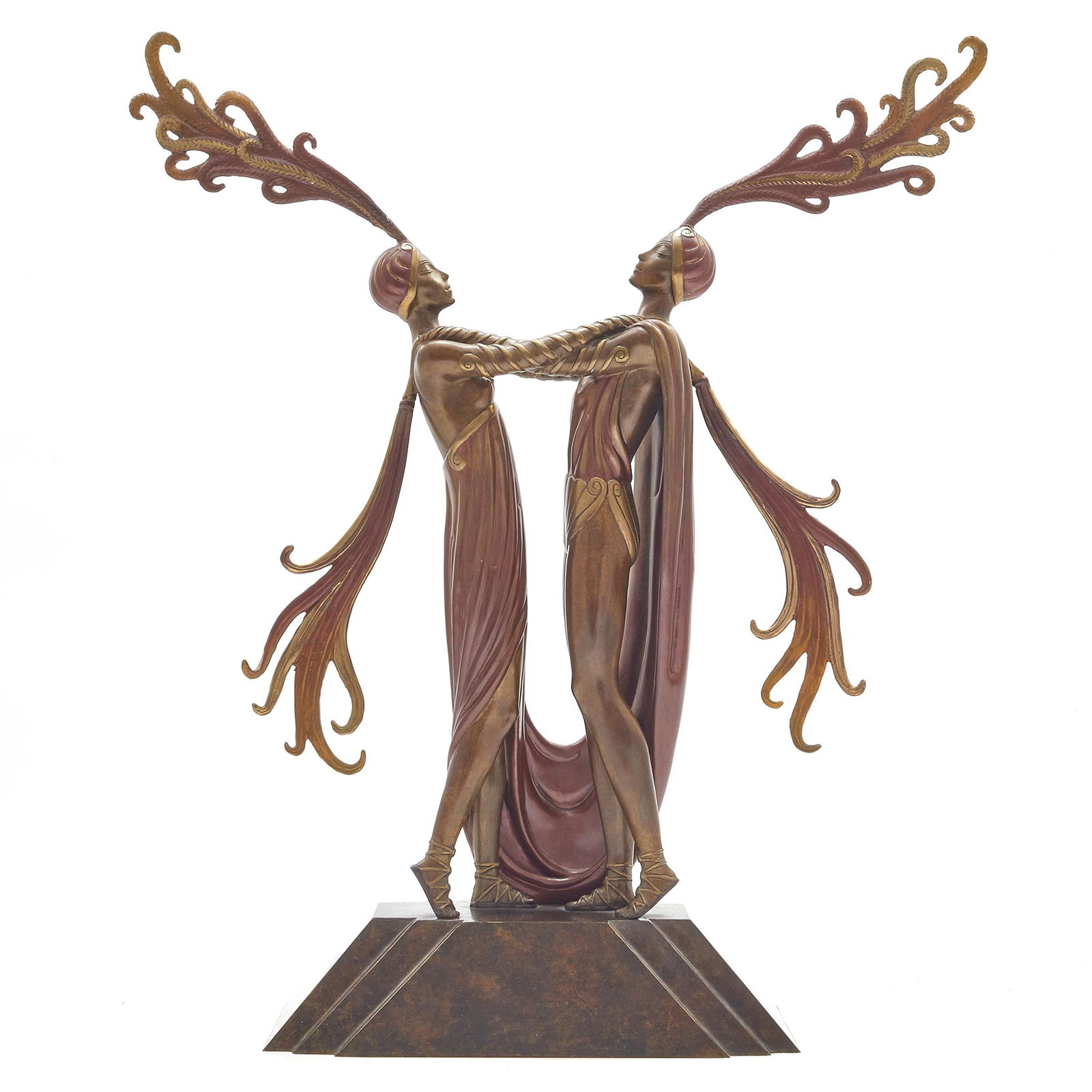 Erte Bronze Sculpture: "Kiss of Fire" limited edition 118/300 by Fine Art Acquisitions 1984. Erte signature incised on base. 22in. (55cm) h. 11in. (28cm) w. Condition: Very good. #sculpture