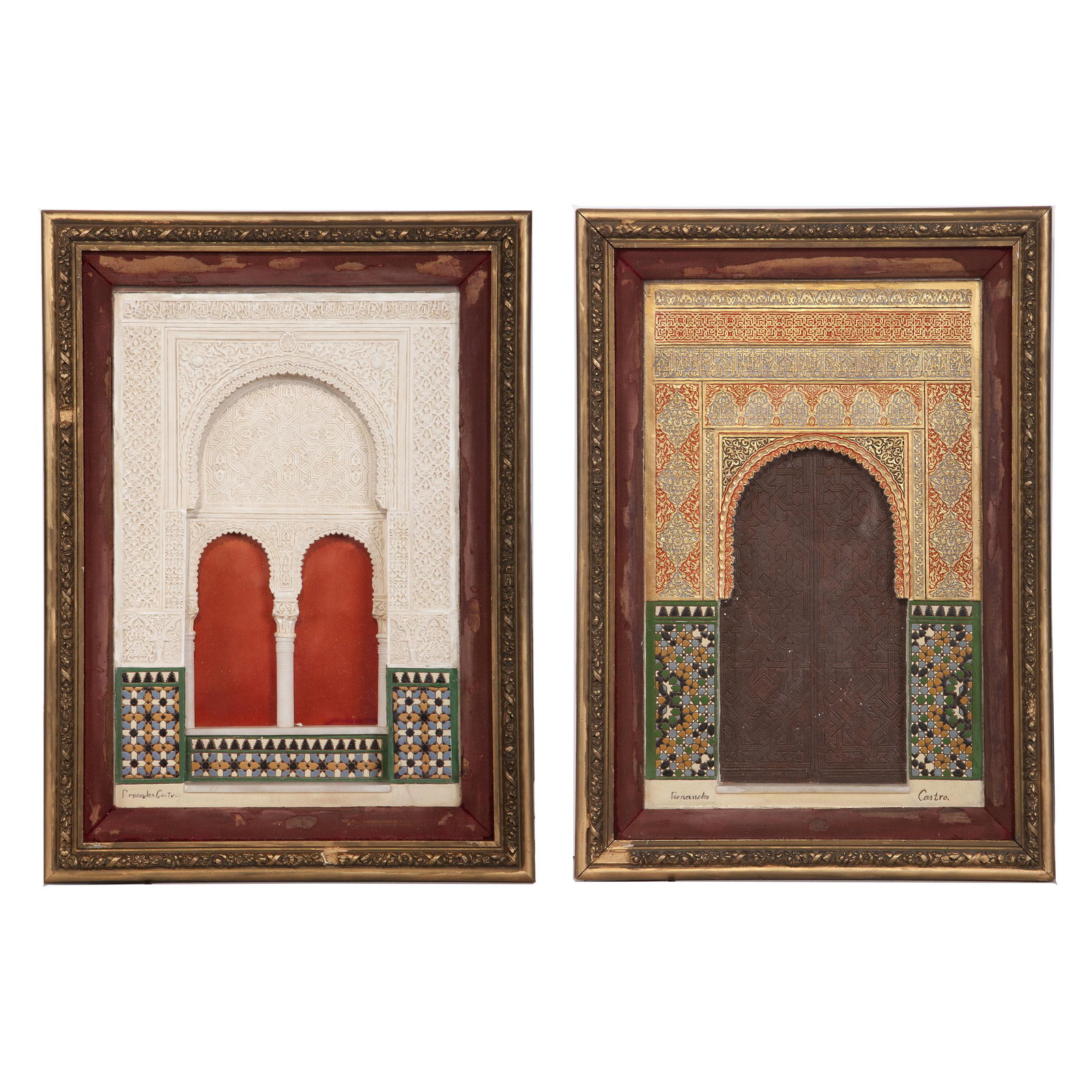 Diego Fernandez Castro, Alhambra plaques (a pair): Diego Fernandez Castro (Grenada, 19th Century). Alhambra plaques (a pair). Each painted gesso. Each signed lower left. Each measures 13.75 in. high x 9 in. wide (with frame 17.25 in. high x 12.5 in. w