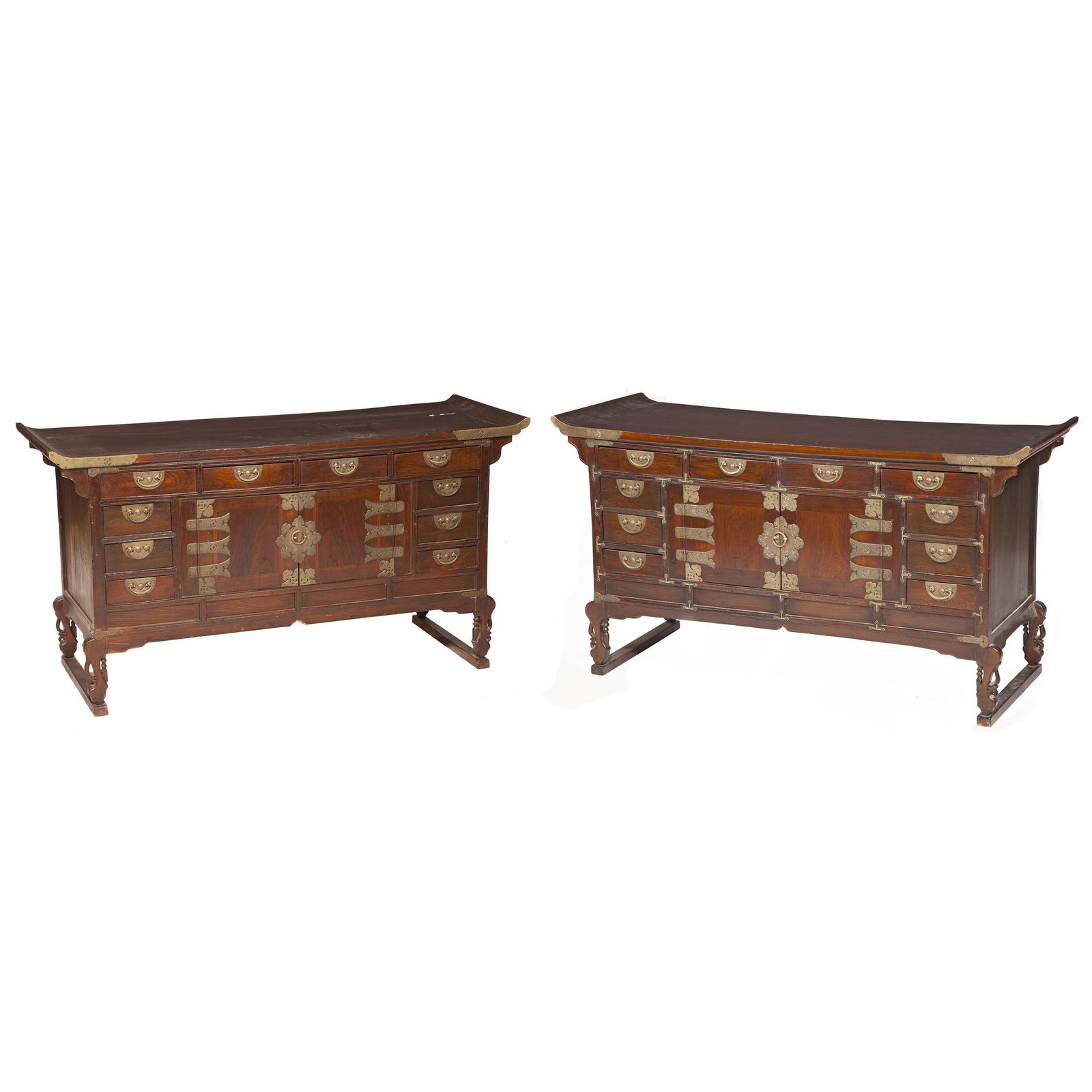 Pair of Korean Coffer Cabinets: 26 1/2 x 49 1/2 x 17 1/2 inches Condition: One cabinet with a repaired leg. #koreanfurniture