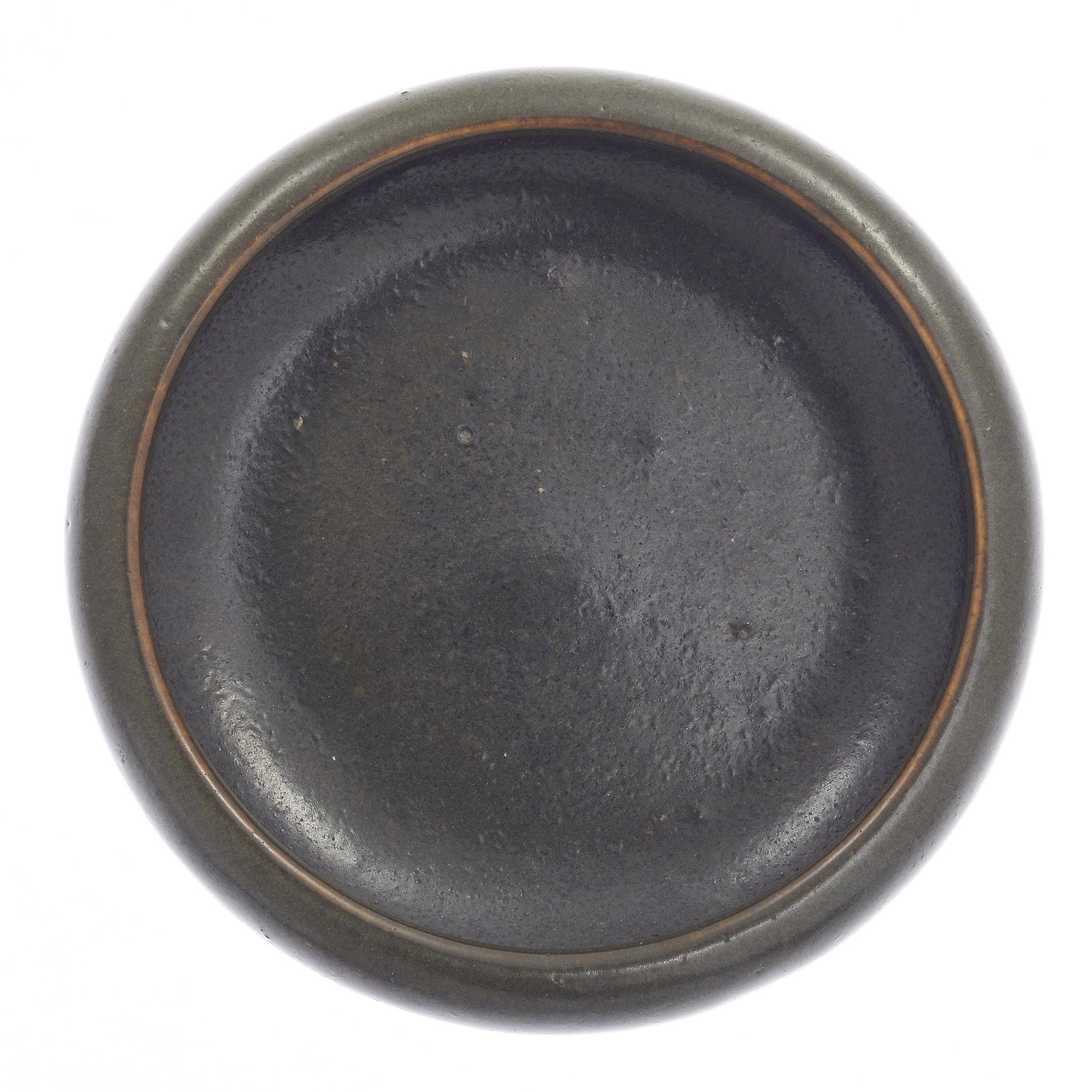 Tea Dust Glazed Brush Washer, Qianlong Mark: Of compressed globular form and covered throughout in an olive-green colored glaze with yellow flecks, the slightly recessed base displaying a lightly impressed Qianlong six-character mark within arra