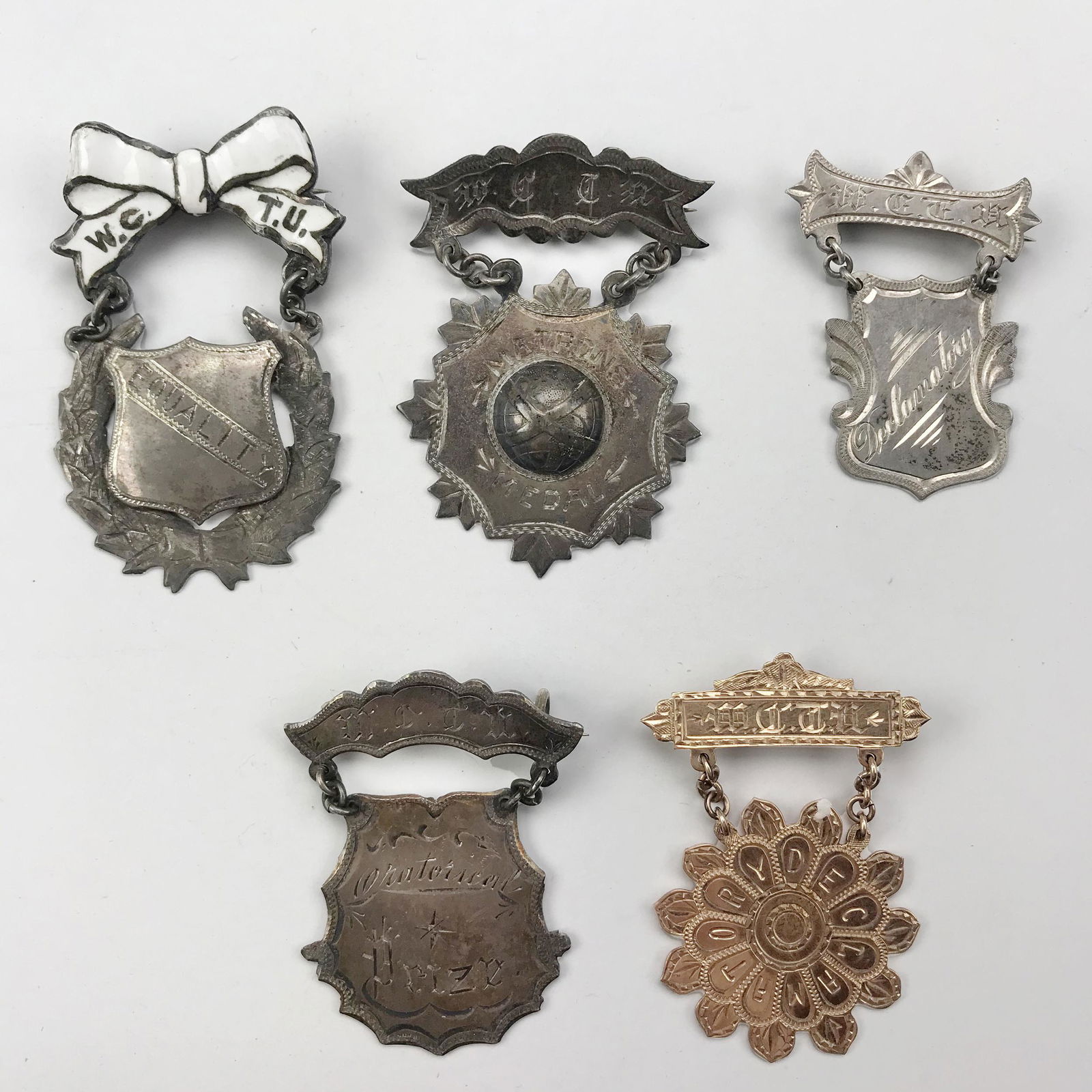Group of 5 Sterling & 14k Gold W.C.T.U Medals Pins (1 of 2)