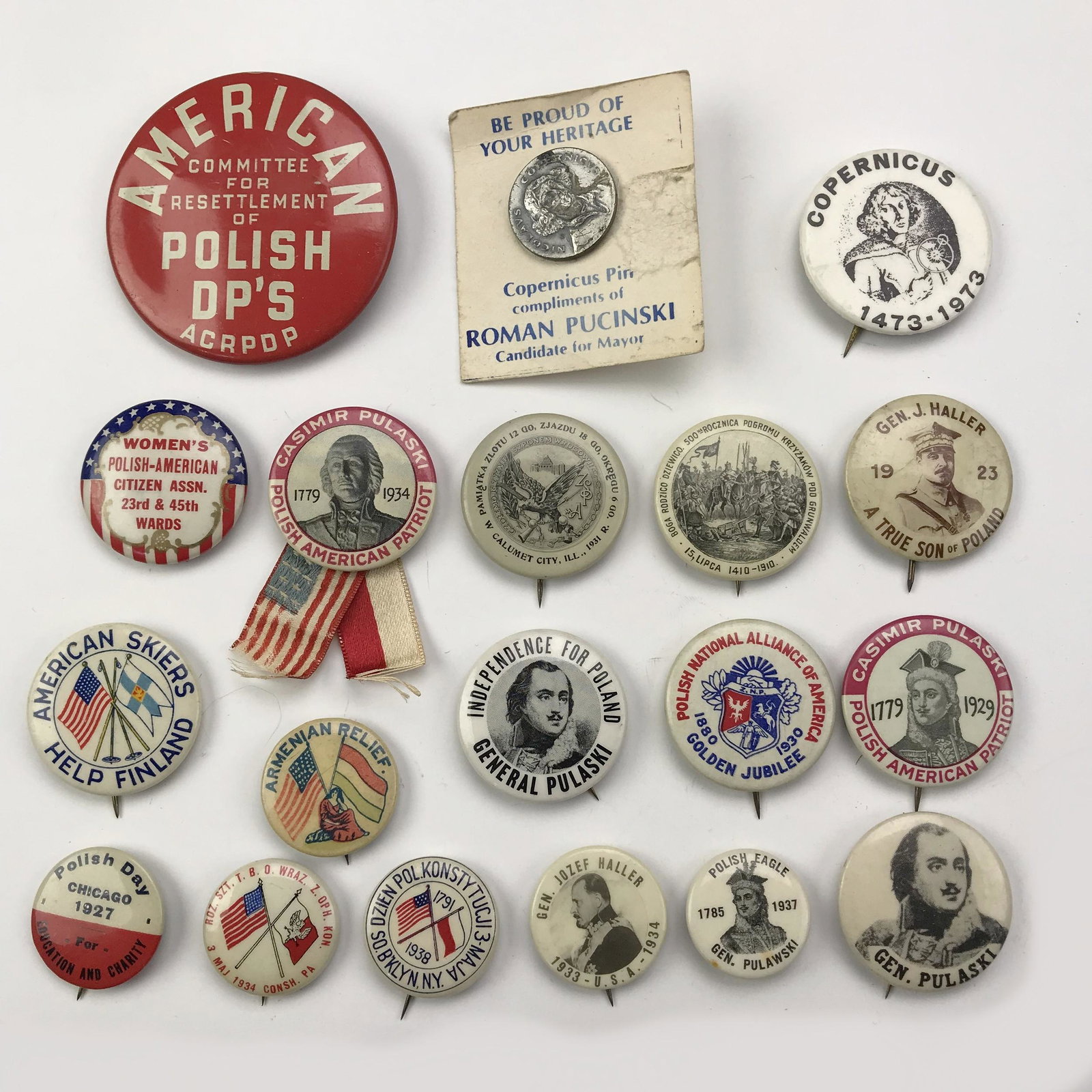 Group of 69 WWI WWII Poland Relief & History Buttons: Group of 69 WWI and WWII mainly Poland relief buttons. Several others included such as Armenian and Hungarian. Sizes range from 1/2" to 2 1/4 inches.