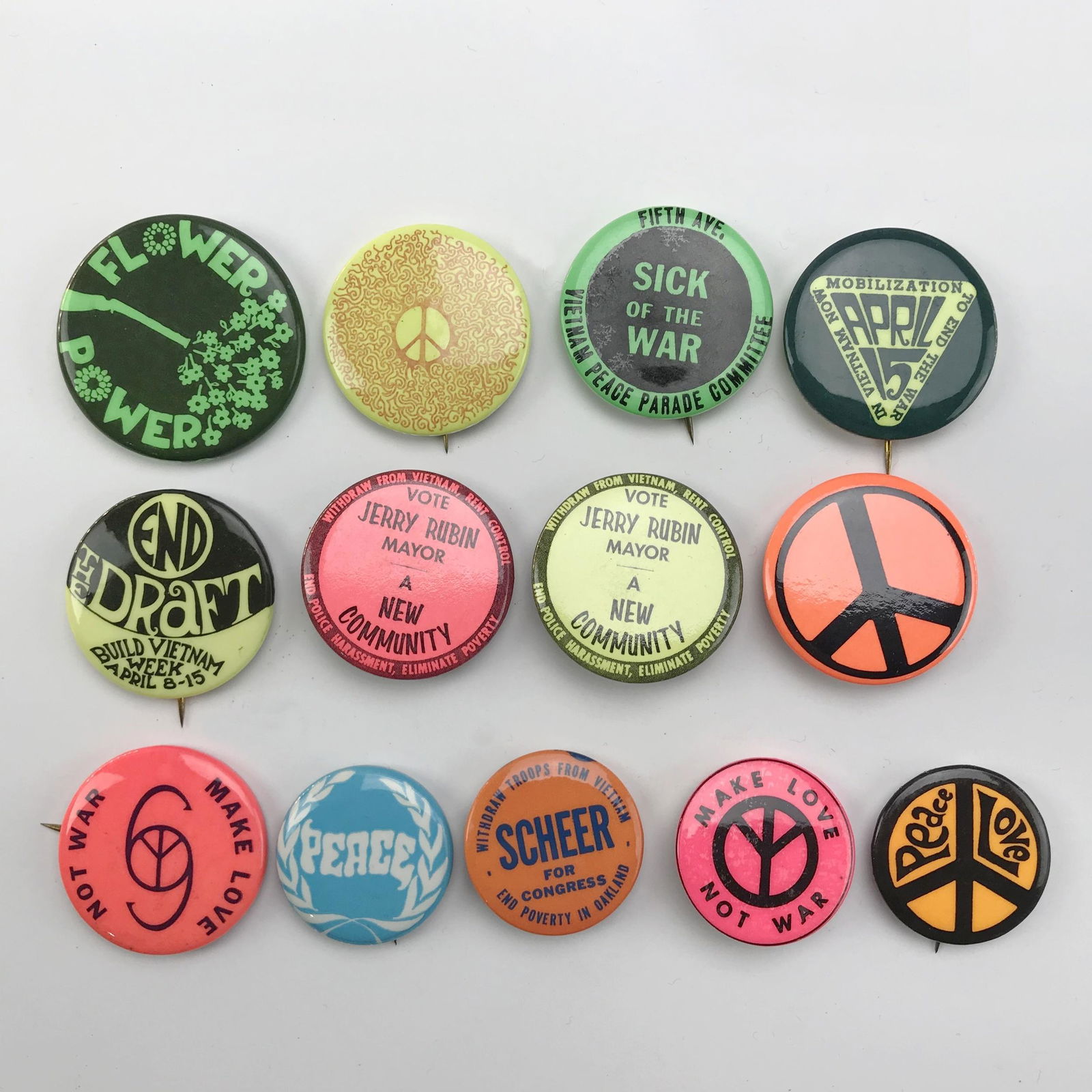 Group of 55 Vintage Fluorescent Peace Vietnam Buttons (1 of 4)