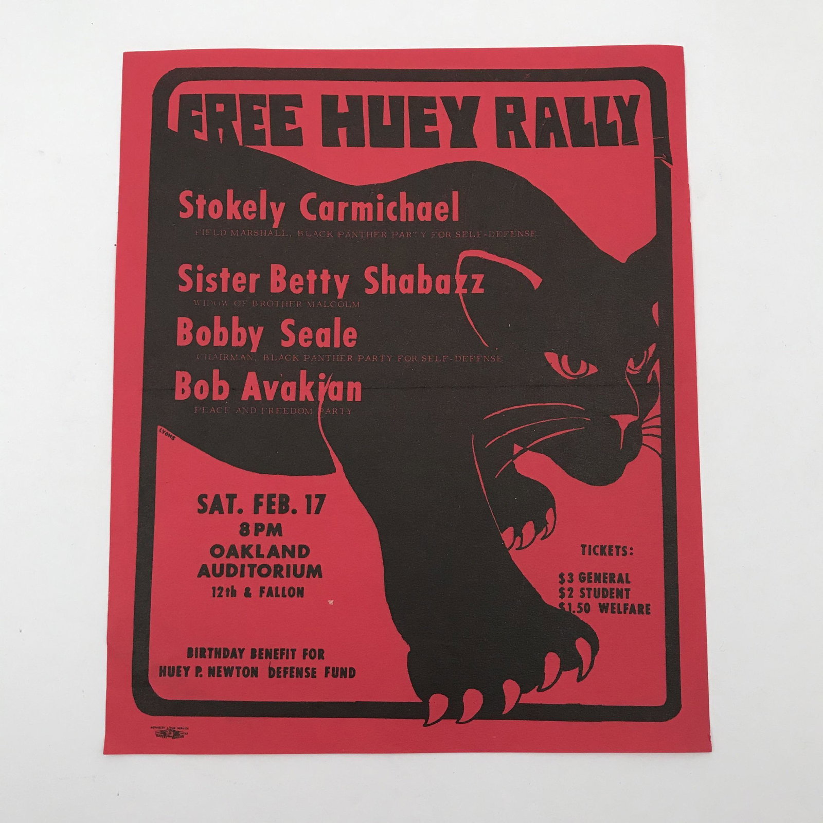 4 Original Black Panther Huey Newton Flyers Ephemera: 4 original Black Panther including Huey Newton flyers. Includes an 8.5 x 11 inch Berkeley flyer titled " Black Power and Its Challenges, red 8.5 x 7 inch "Free Huey Rally" Oakland flyer , an 8.5 x 7 (