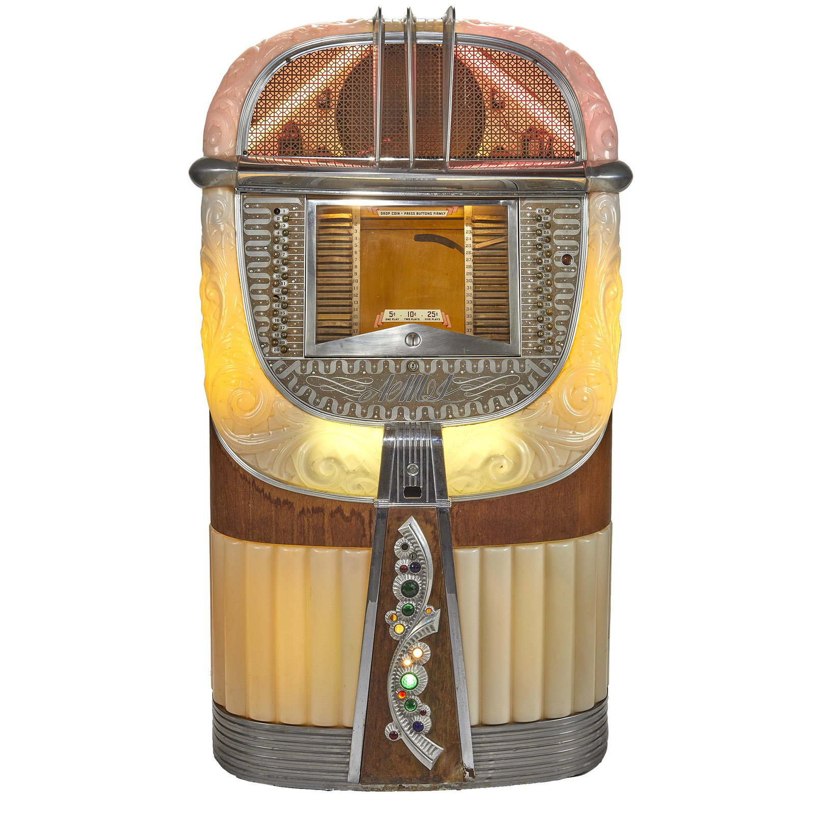 1946 AMI Model A Mother of Plastics Jukebox: This is a 1946 AMI Model A Mother of Plastics Jukebox. It is in good cosmetic condition with some cracks in the lower right side plastic. It lights up and is cosmetically still pretty nice. It is miss