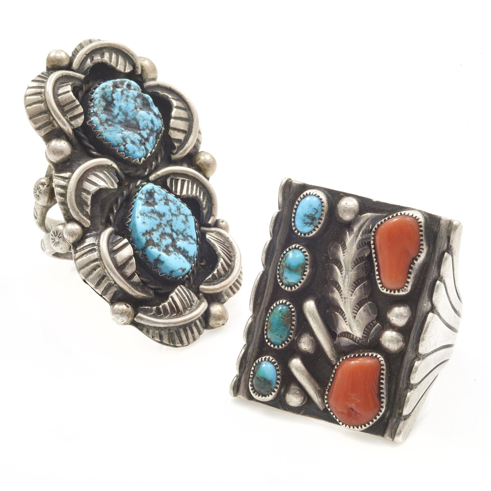 Collection of Two Navajo Turquoise, Coral, Sterling (1 of 2)