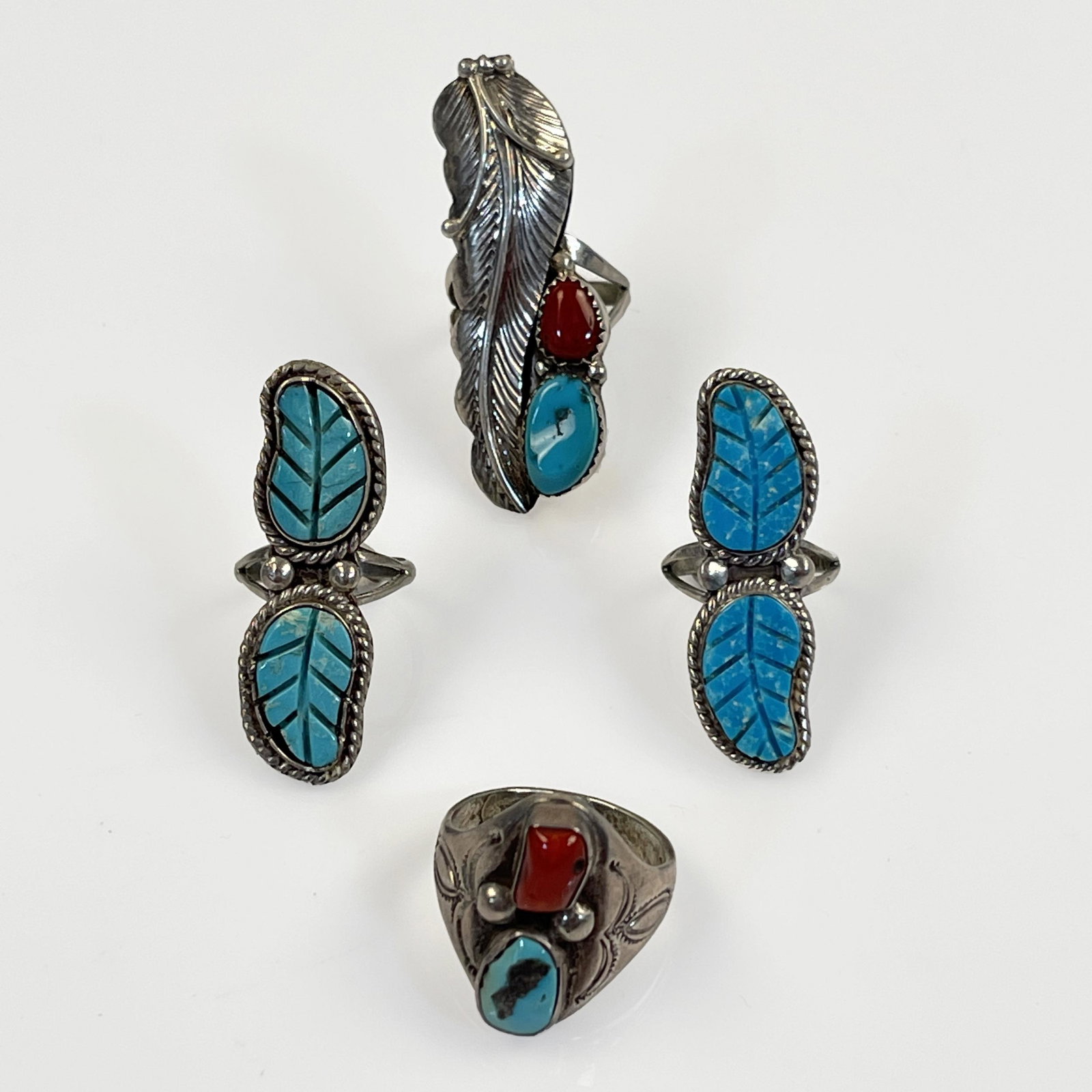 Collection of Signed Navajo Turquoise, Coral Rings (1 of 2)