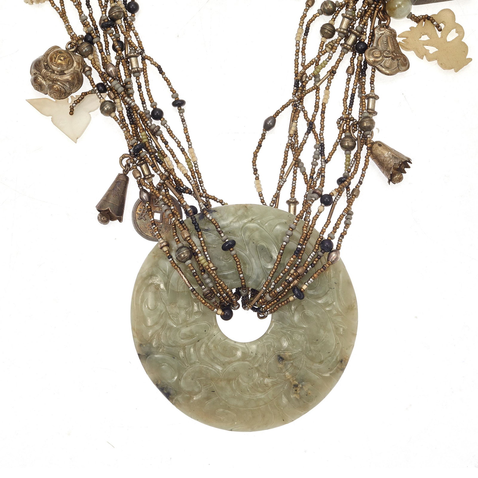 Jade, Serpentine, Glass, Silver, Gilt Metal Necklace (1 of 3)
