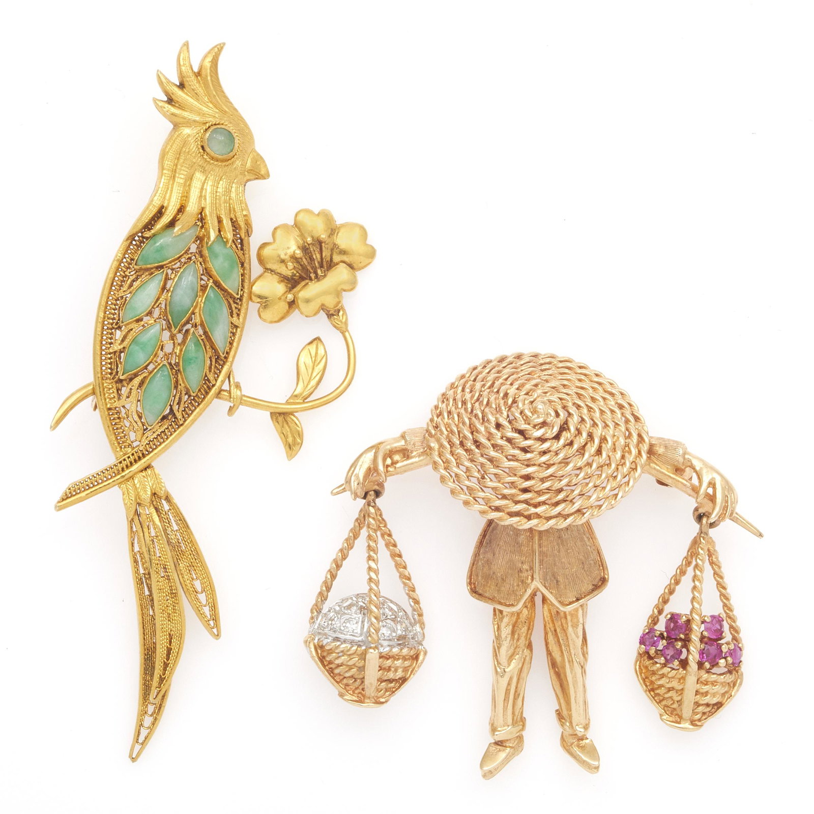 Two Diamond, Ruby, Jade, 14k Figural Pins (1 of 2)