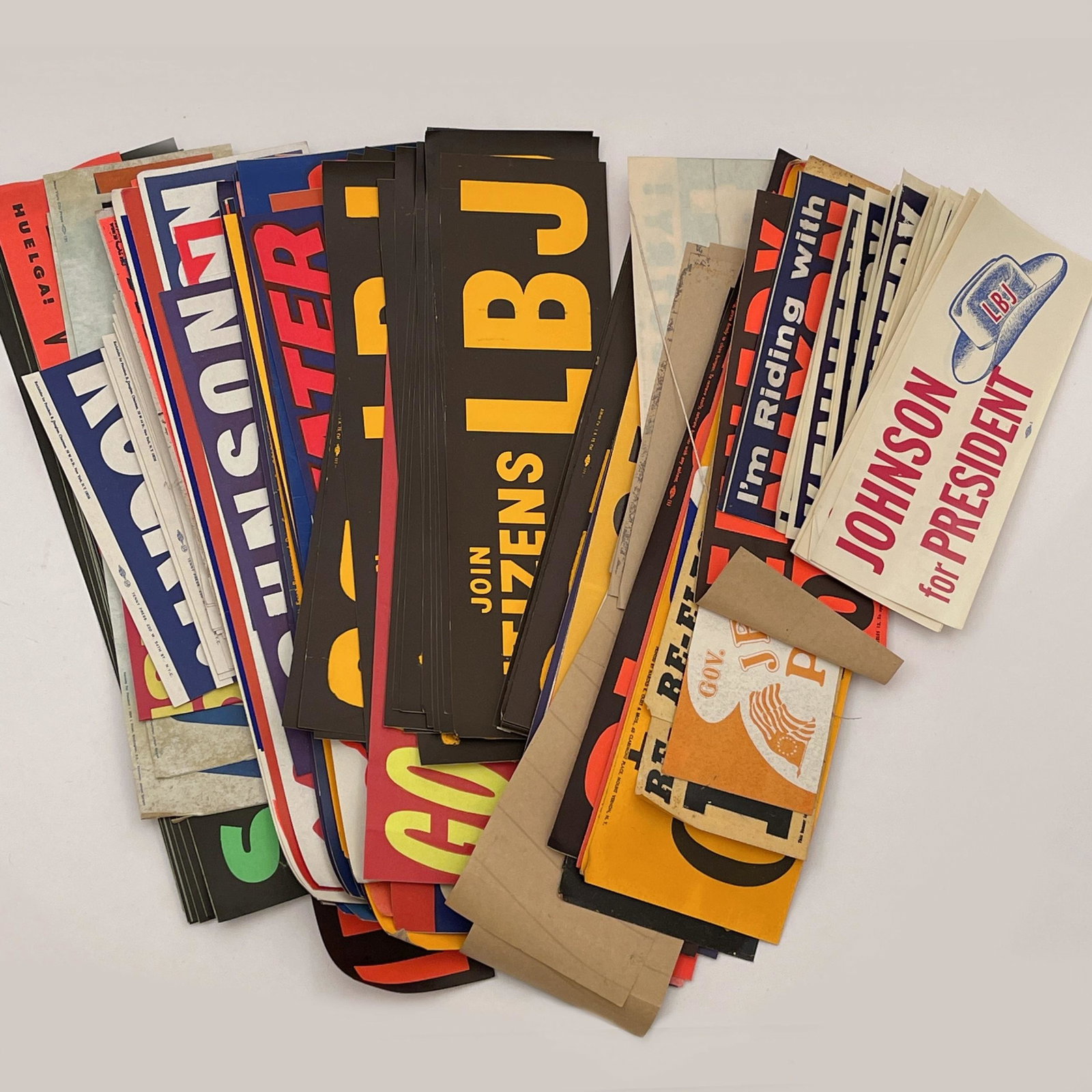 Vintage Political Campaign Bumper Stickers: Huge lot of vintage 1960s and 70s campaign bumper stickers.