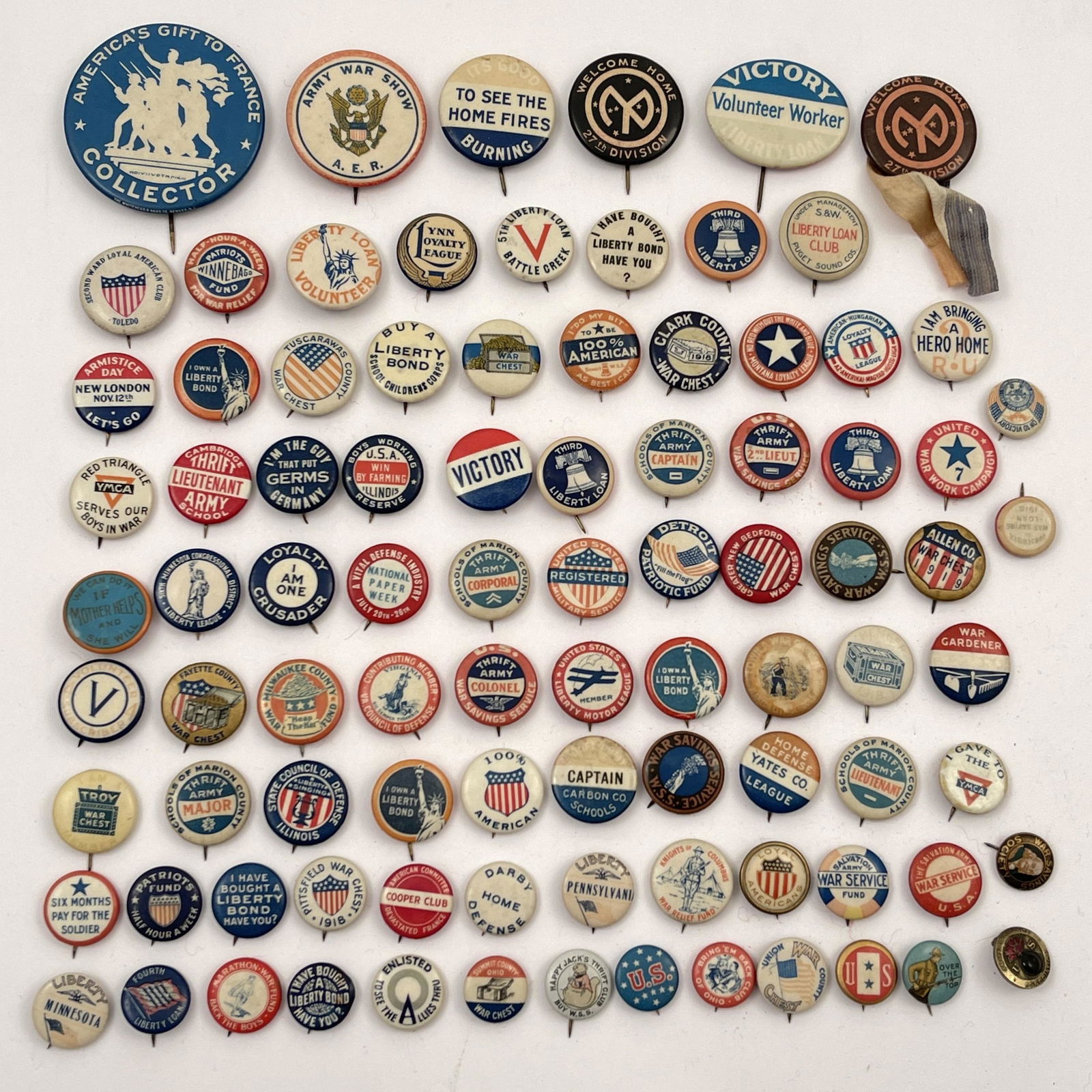 85 Various Antique WWI World War One Buttons: 85 Various Antique WWI World War One Buttons. Ranging 2 Inches to 1/2 Inch. Many unique subjects.