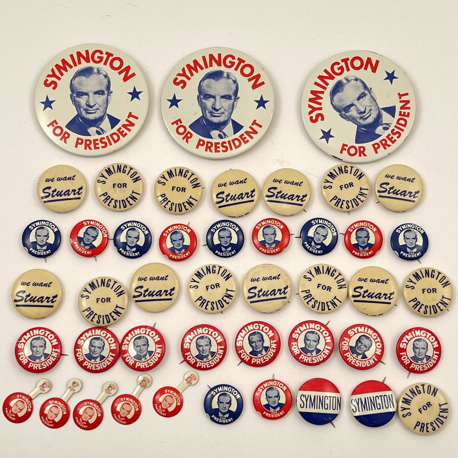 Group Democrat William Stuart Symington Buttons: Large Group Democrat William Stuart Symington Buttons. Ranging from 3" to 5/8 inch. MANY dupicates.