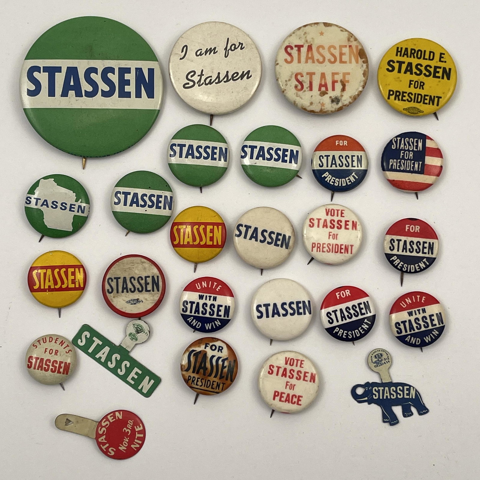 Group of Republican Harold Stassen Buttons Pinbacks: Group of Republican Harold Stassen Campaign Buttons. Ranging from 6 inches ( Stop Harassin ) to 5/8 inches.