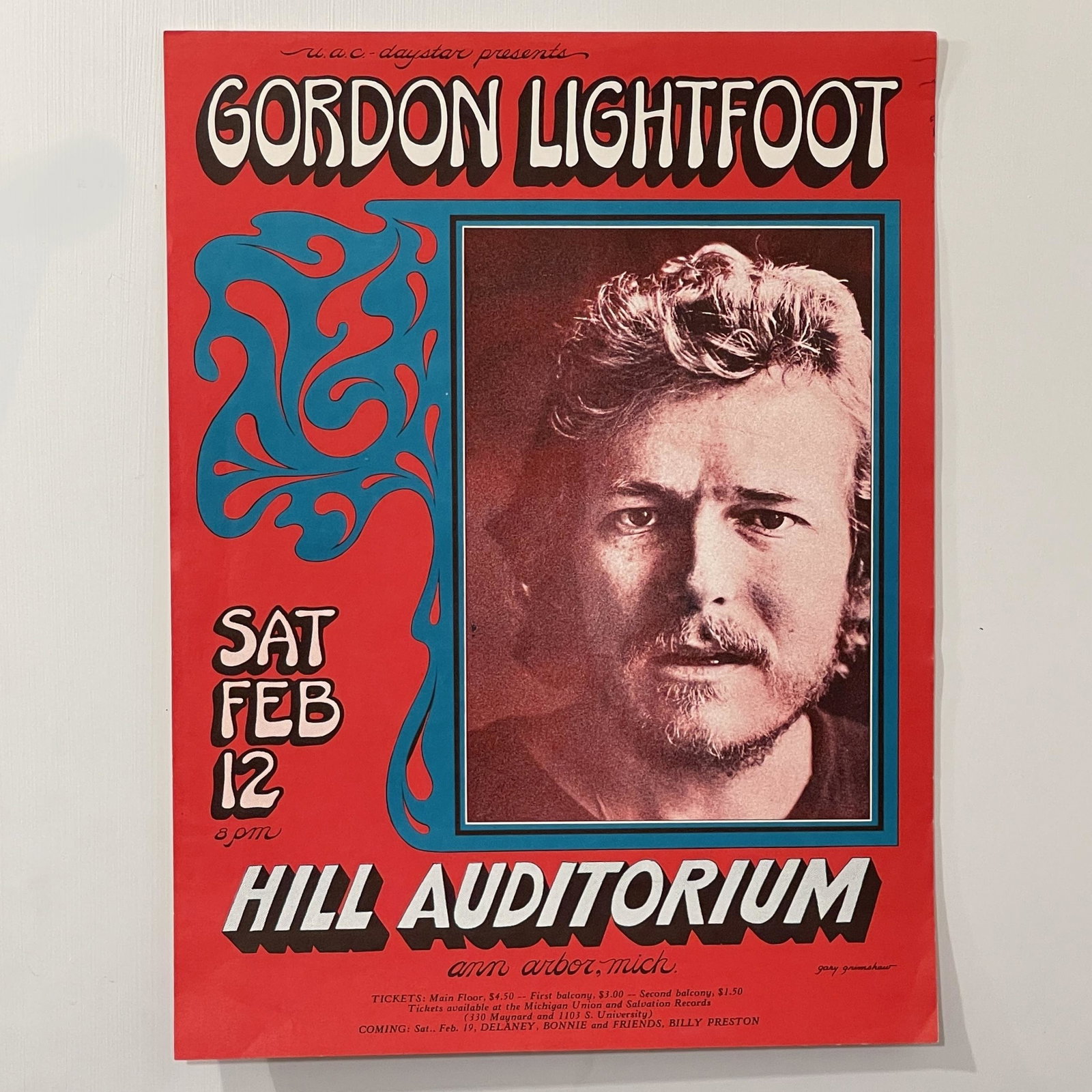 Vintage Gordon Lightfoot Hill Auditorium Poster: Gordon Lightfoot Hill Auditorium Michigan Gary Grimshaw art. 2