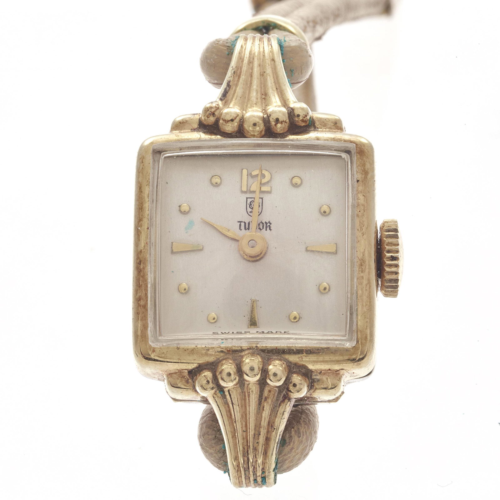 Ladies Tudor Vintage Gold-Filled Wristwatch: Ladies Tudor Vintage Gold-Filled Wristwatch DIAL: Square, silvered, applied Arabic, dot and index hour markers, gold dauphine hands, Tudor, Swiss Made. MOVEMENT: Mechanical, seventeen (17) jewels, Tud
