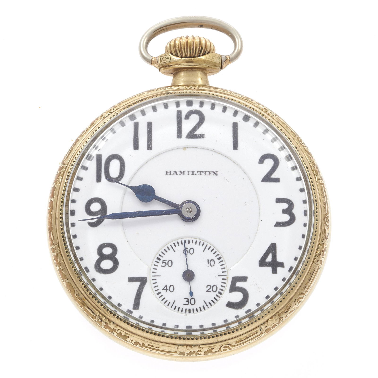 Hamilton Grade 992 Gold-Filled Pocket Watch: Hamilton Grade 992 Gold-Filled Pocket Watch DIAL: Round, white, black Arabic numeral hour markers, black outer minutes track, blued spade and whip hands, subsidiary seconds dial at 6 o'clock, Hampden.