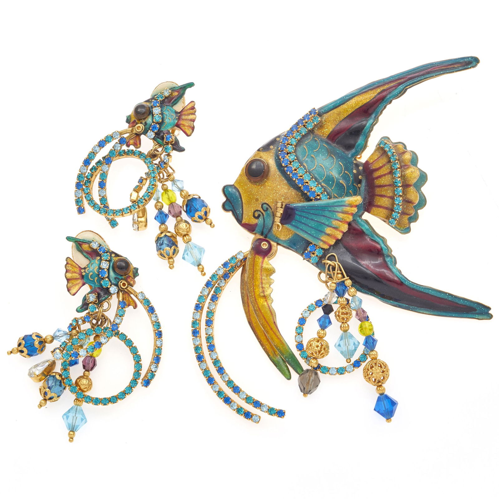 Lunch at the Ritz Angel Fish Jewelry Suite: Including a brooch designed as an angel fish, embellished with rhinestones and enamel on a gold-tone mounting measuring approximately 128.5 x 97.6 mm (5.06 x 3.84 in), together with a pair of matching