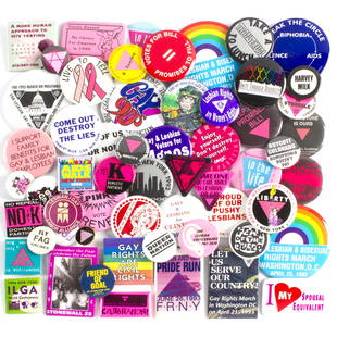 55 Vintage Gay Rights and Pride Buttons: 55 Vintage Gay Rights and Pride Buttons. 1.25 to 3.5 inches diameter.