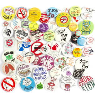 50 Vintage Anti Smoking Buttons Pinbacks: 50 Vintage Anti Smoking Buttons Pinbacks. 1 - 2.25 inches in diameter.