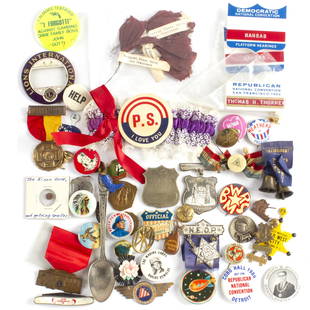 45 Antique Vintage Novelty Buttons and Pins: This group contains 45 pieces of varied items of interesting history. Subjects range to political , historical , entertainment , states fobs , medals, badges, buttons, ribbons etc. Including a Dr.