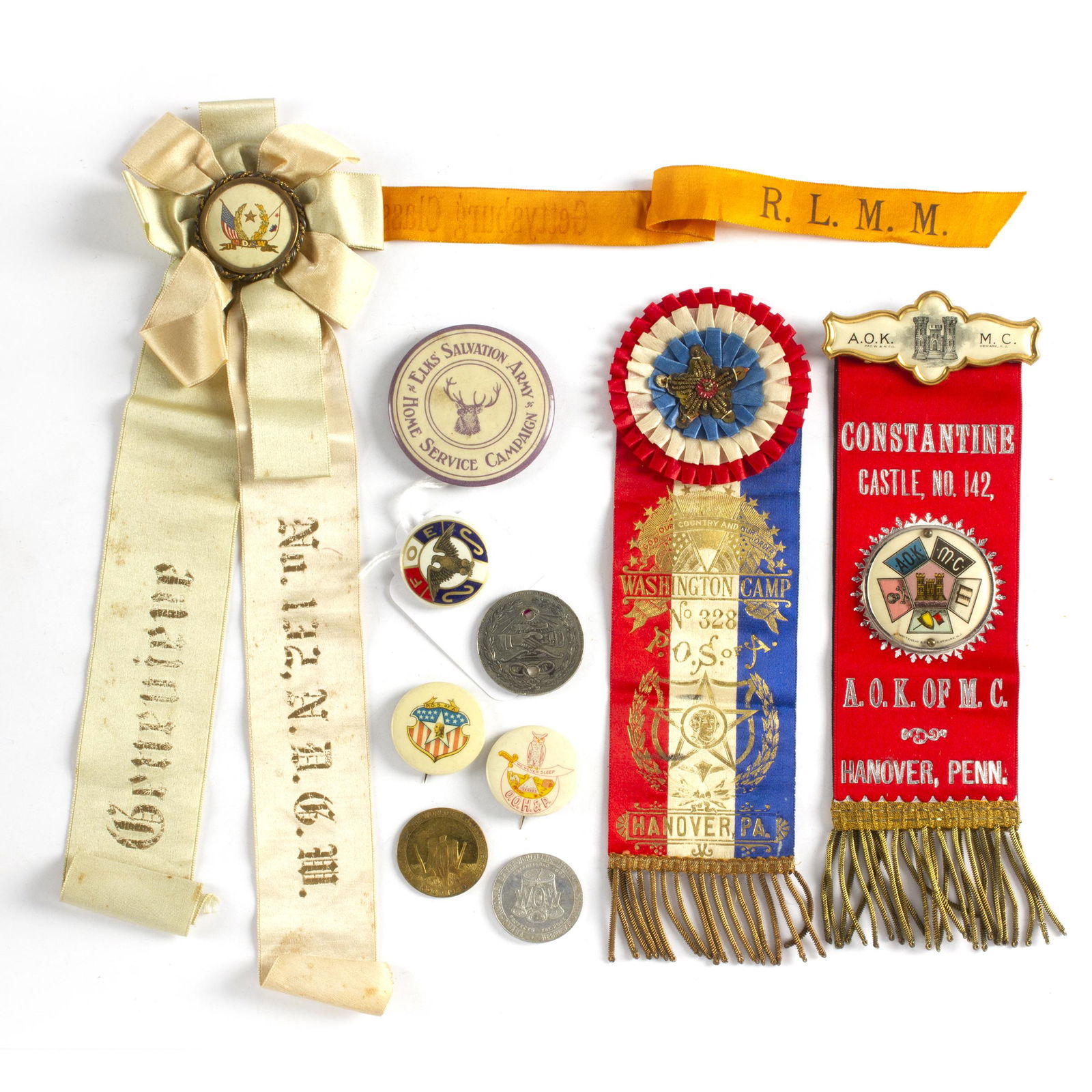 11 Antique Fraternal Organization Ribbons With Buttons (1 of 1)