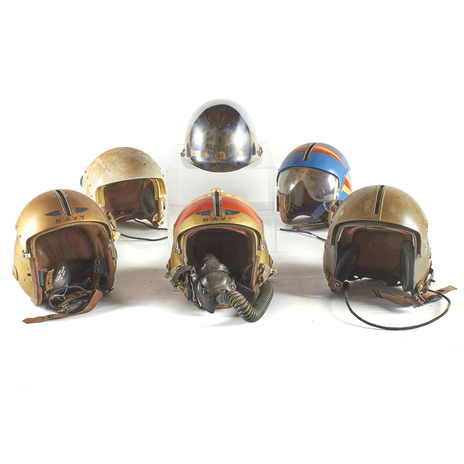 Five Vintage Navy Flight Helmets and One Chrome Parade (1 of 1)