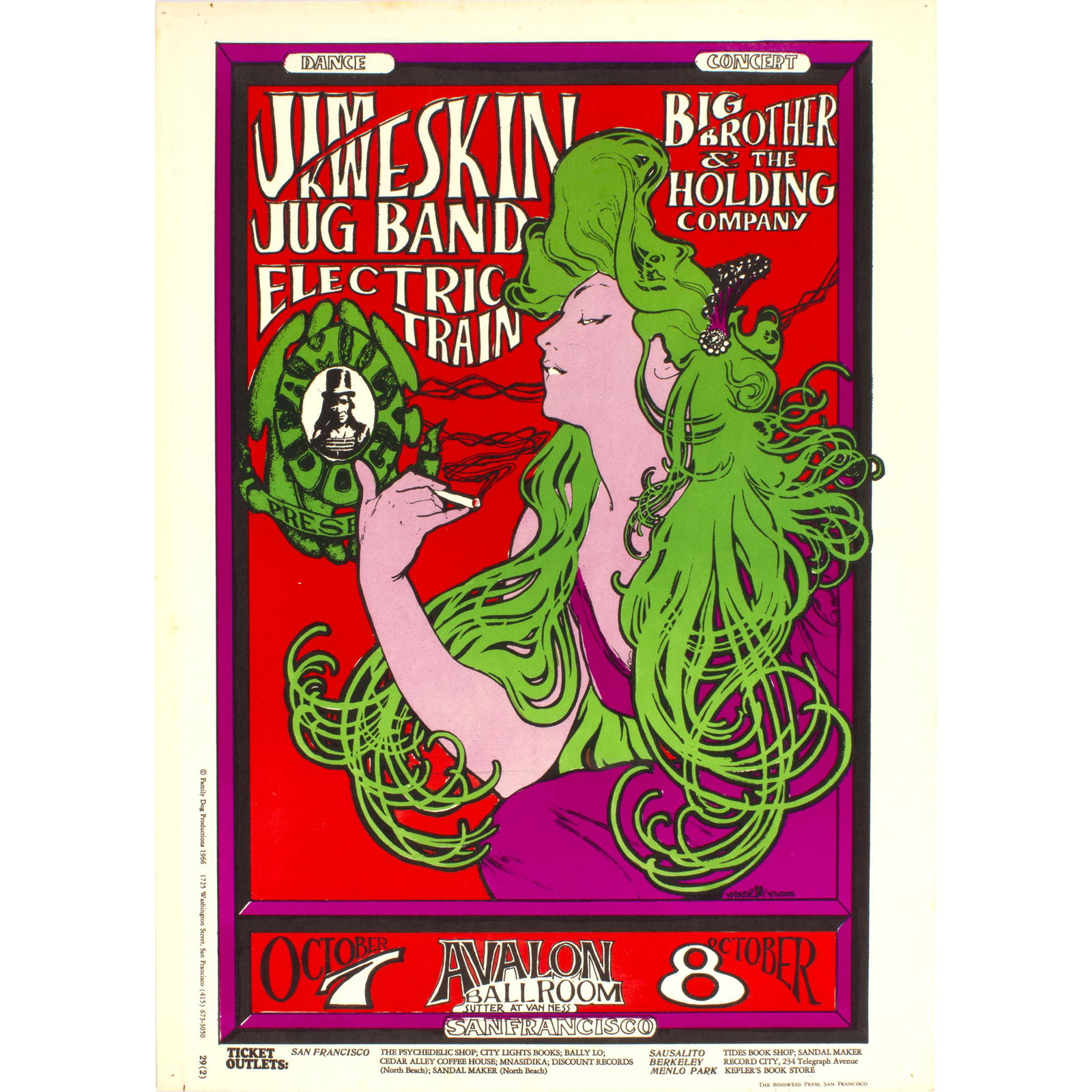 Vintage Jim Kweskin Avalon San Francisco Poster: Vintage Jim Kweskin Jug Band , Big Brother and the Holding Company Avalon Ballroom San Francisco Concert Poster. 13 x 20 inch.