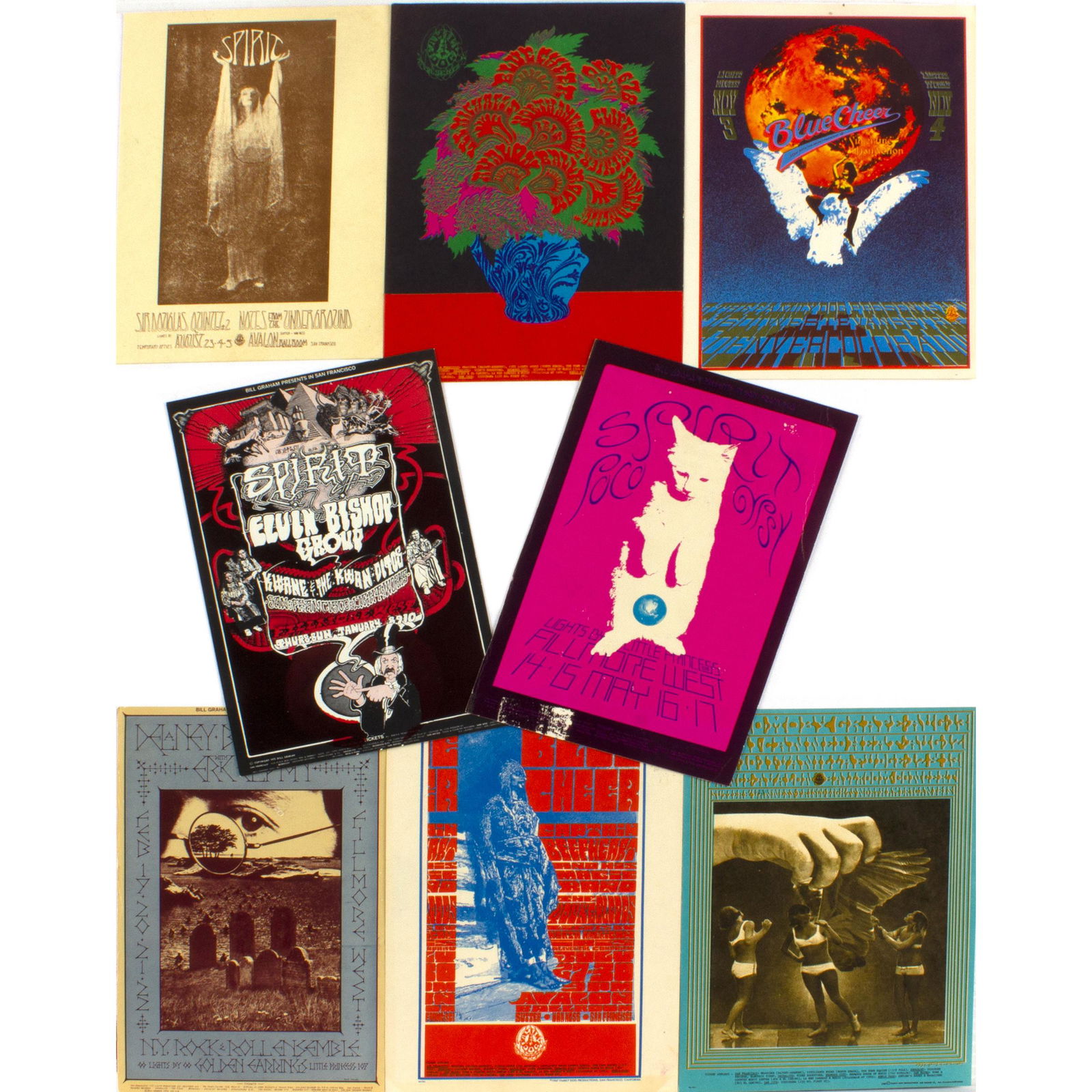 8 Blue Cheer Moby Grape Clapton Spirit: 8 Blue Cheer, Moby Grape, Eric Clapton , Spirit etc. Handbills & Postcards. Good Condition.
